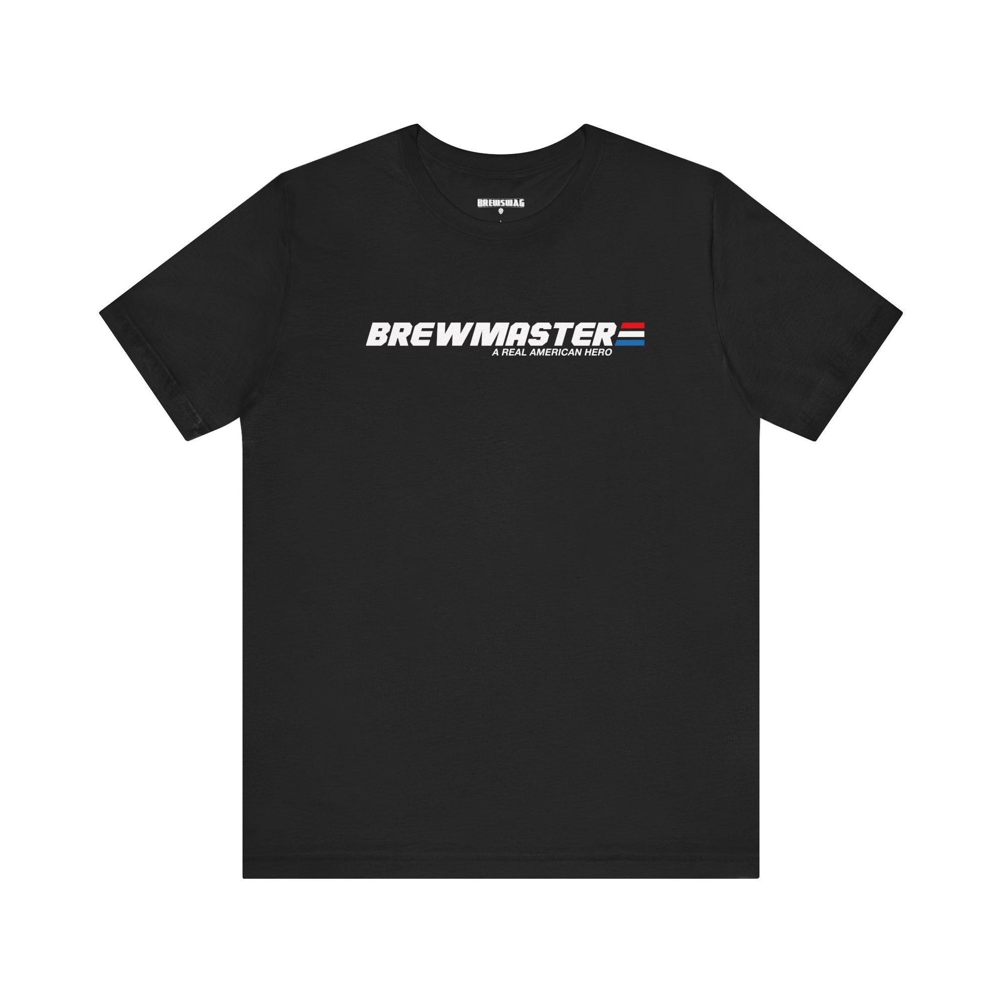 Close-up of Brewmaster text with red, white, and blue stripe on cotton tee