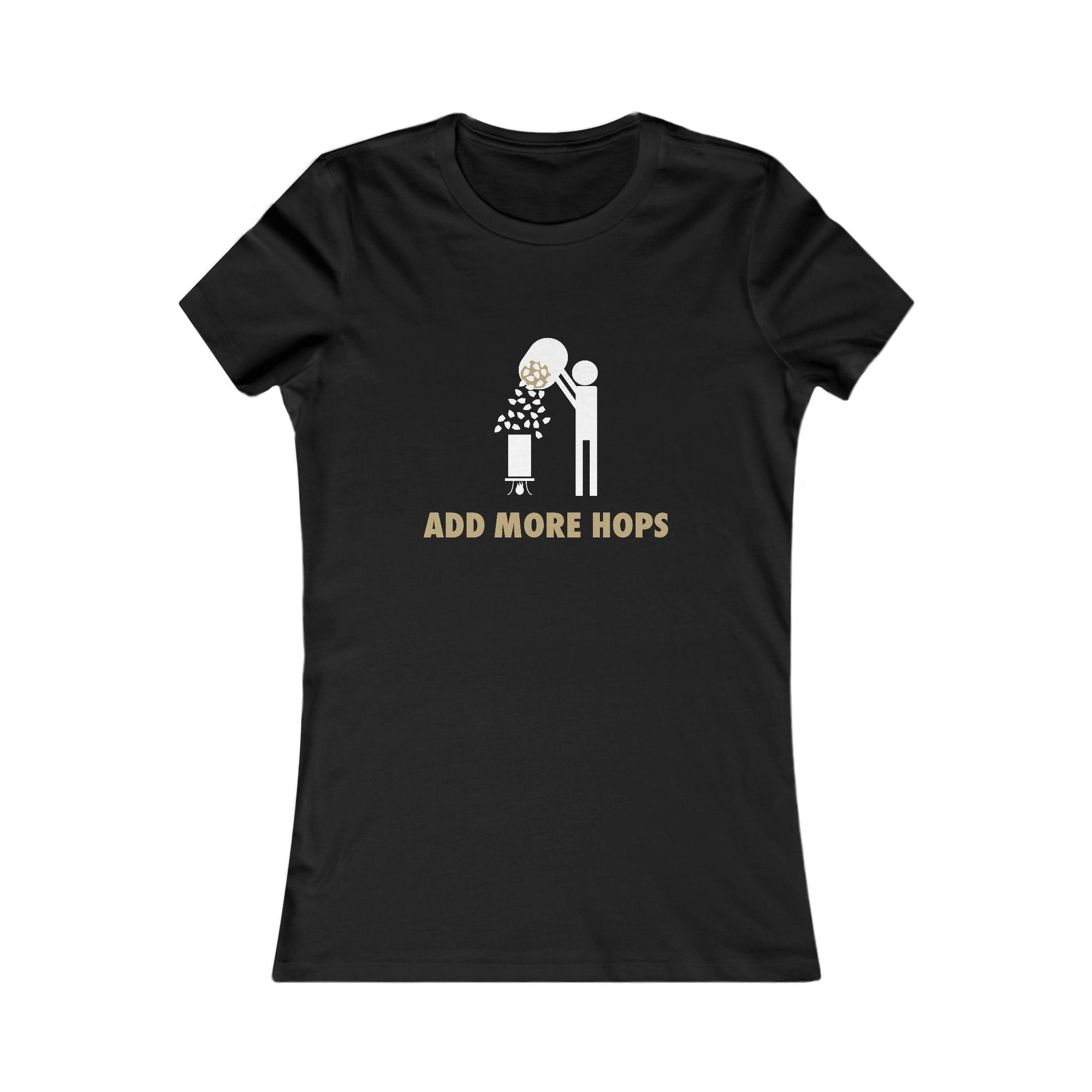 Playful stick figure design adding hops on the women’s Add More Hops t-shirt.