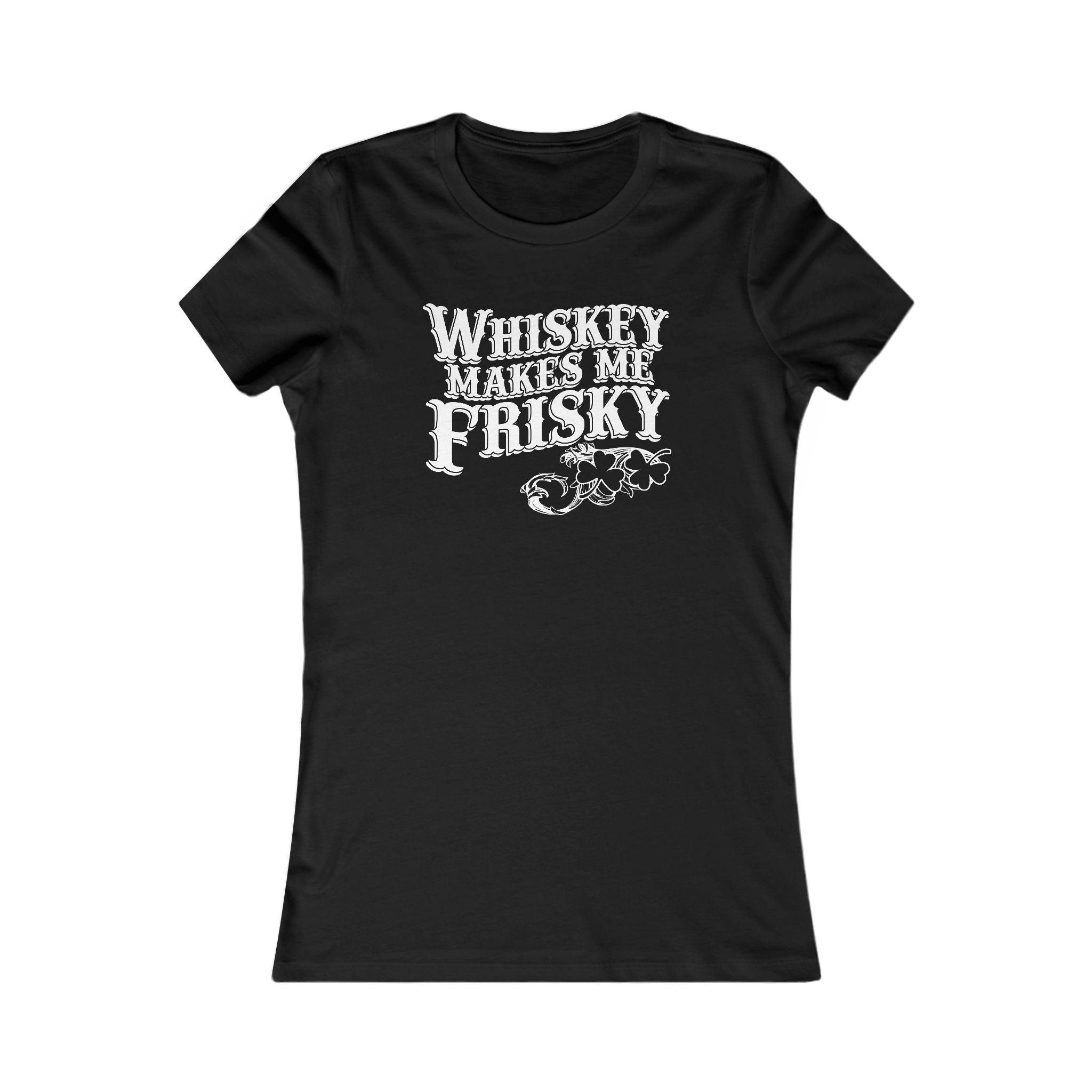 Black-colored women’s tee with ‘Whiskey Makes Me Frisky’ text and filigree accents