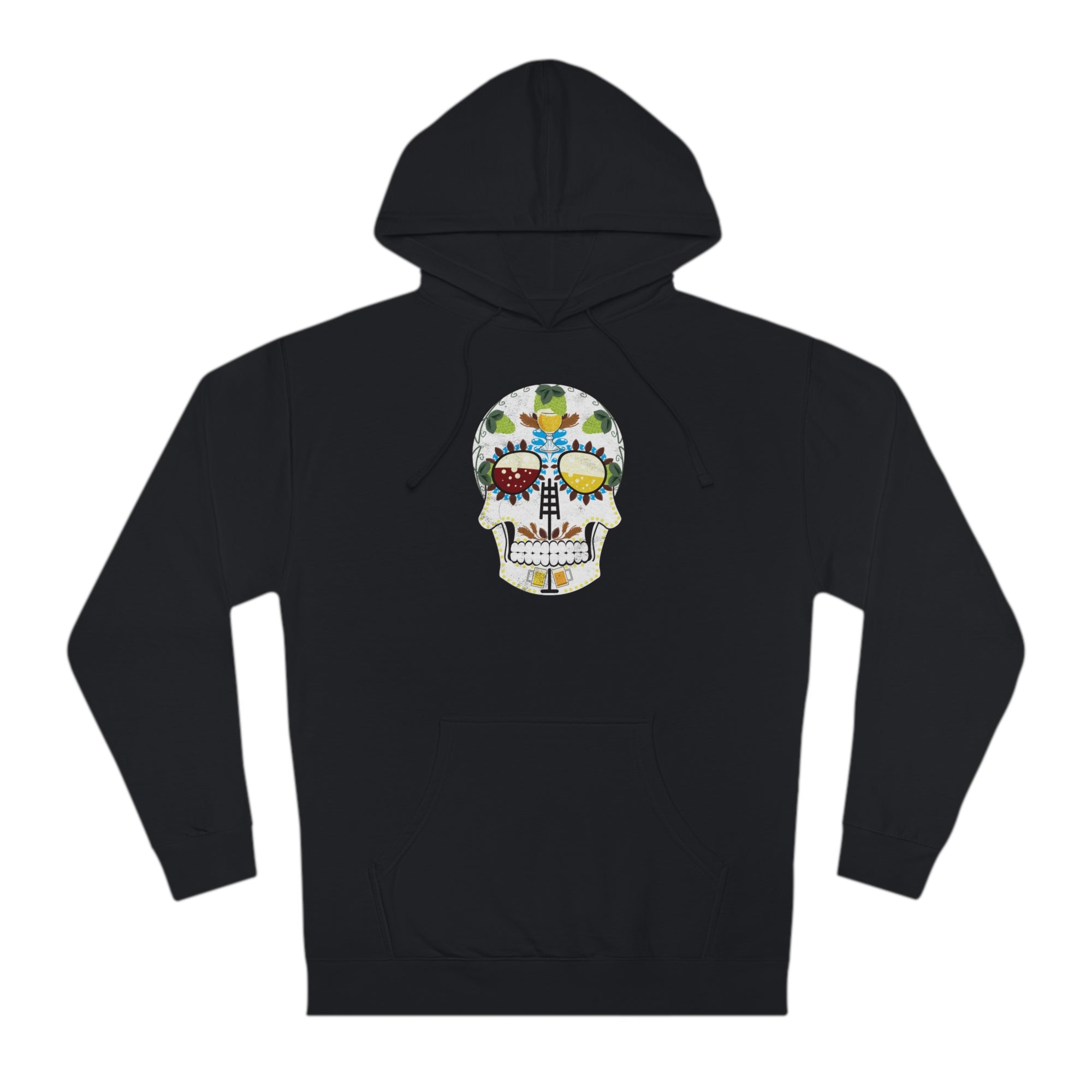 Close-up of calavera-style artwork featuring craft beer elements on a cozy hoodie