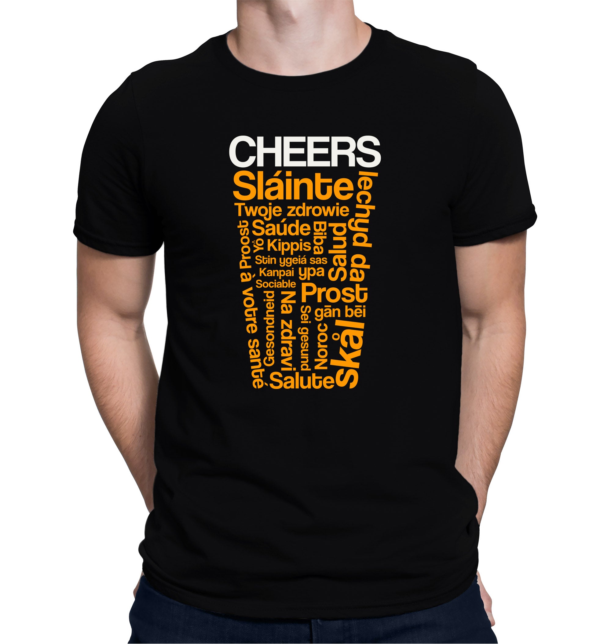 Black t-shirt with pint glass made of cheers in 20+ languages