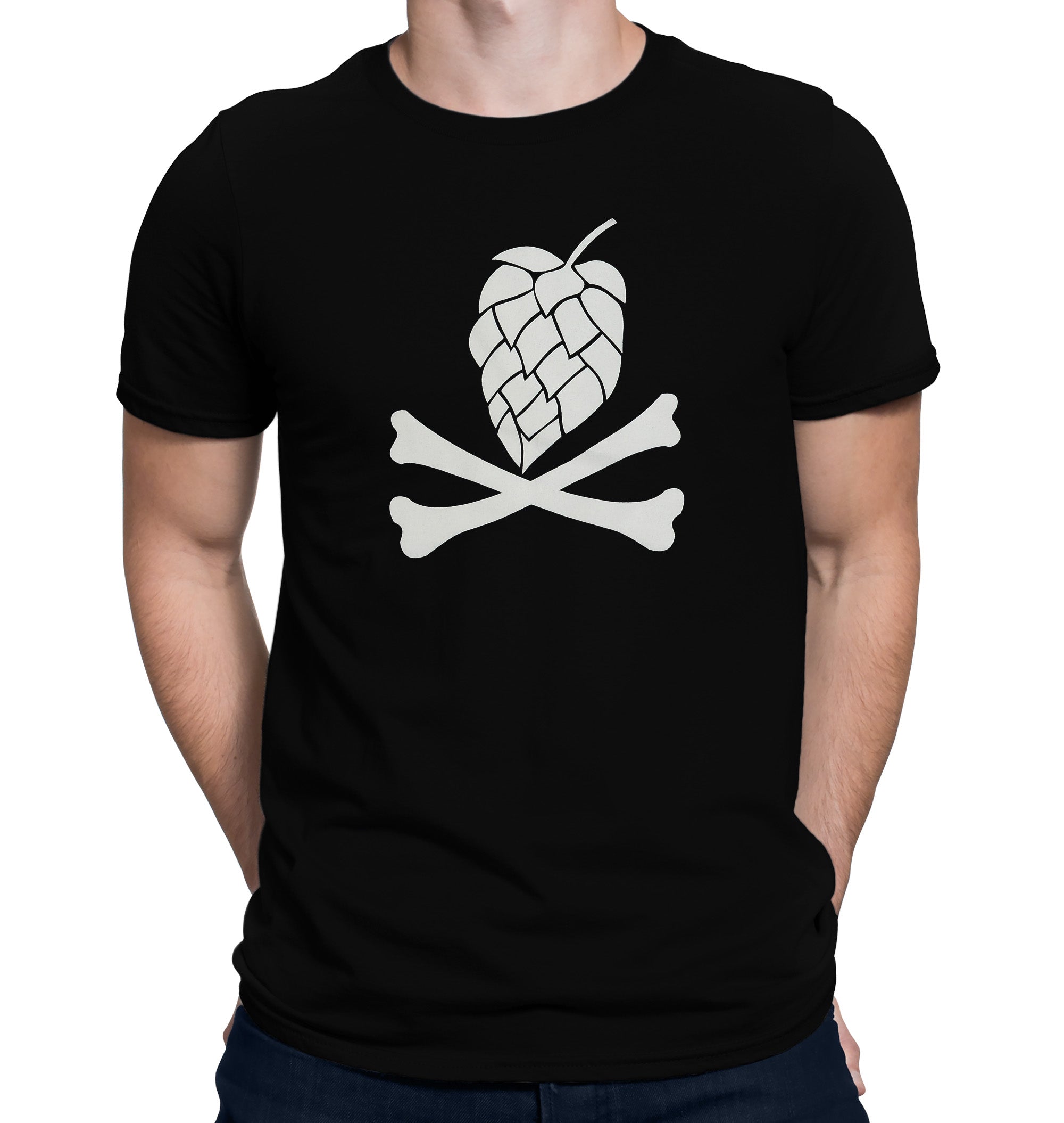 Black t-shirt with white hop cone skull and crossed bones graphic