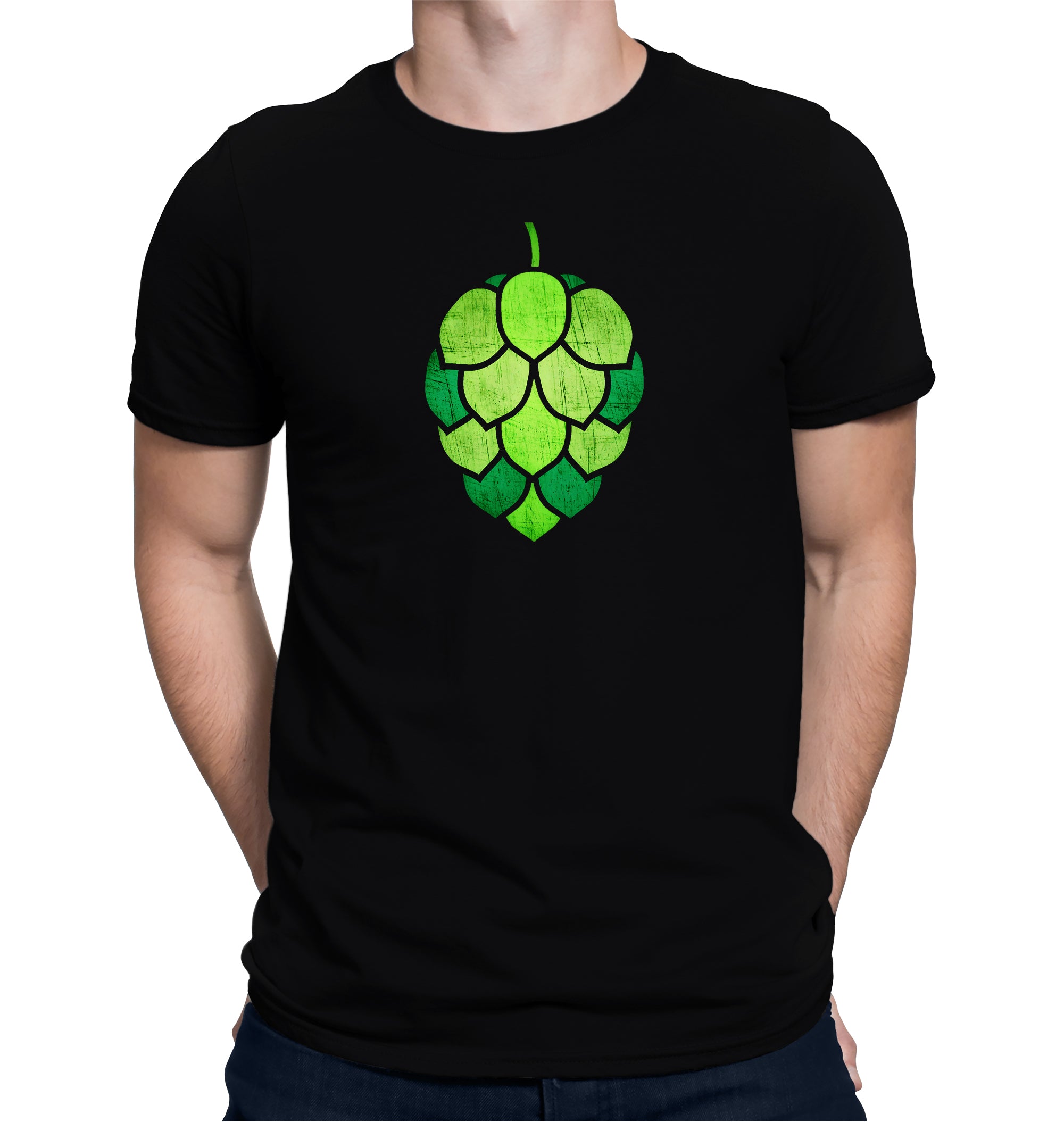 Black t-shirt with vibrant stained-glass hop-cone graphic