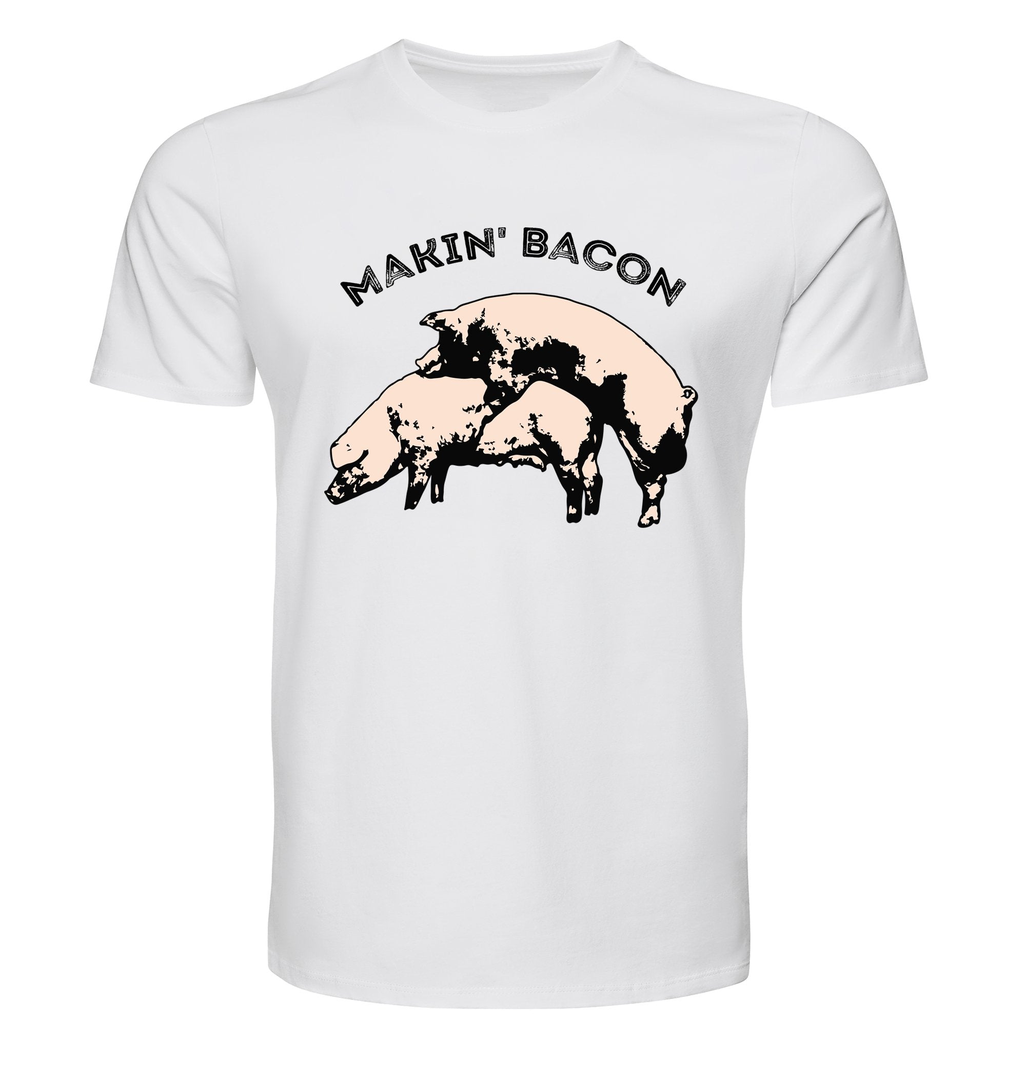 Makin’ Bacon tee featuring cartoon-style pigs and bold text
