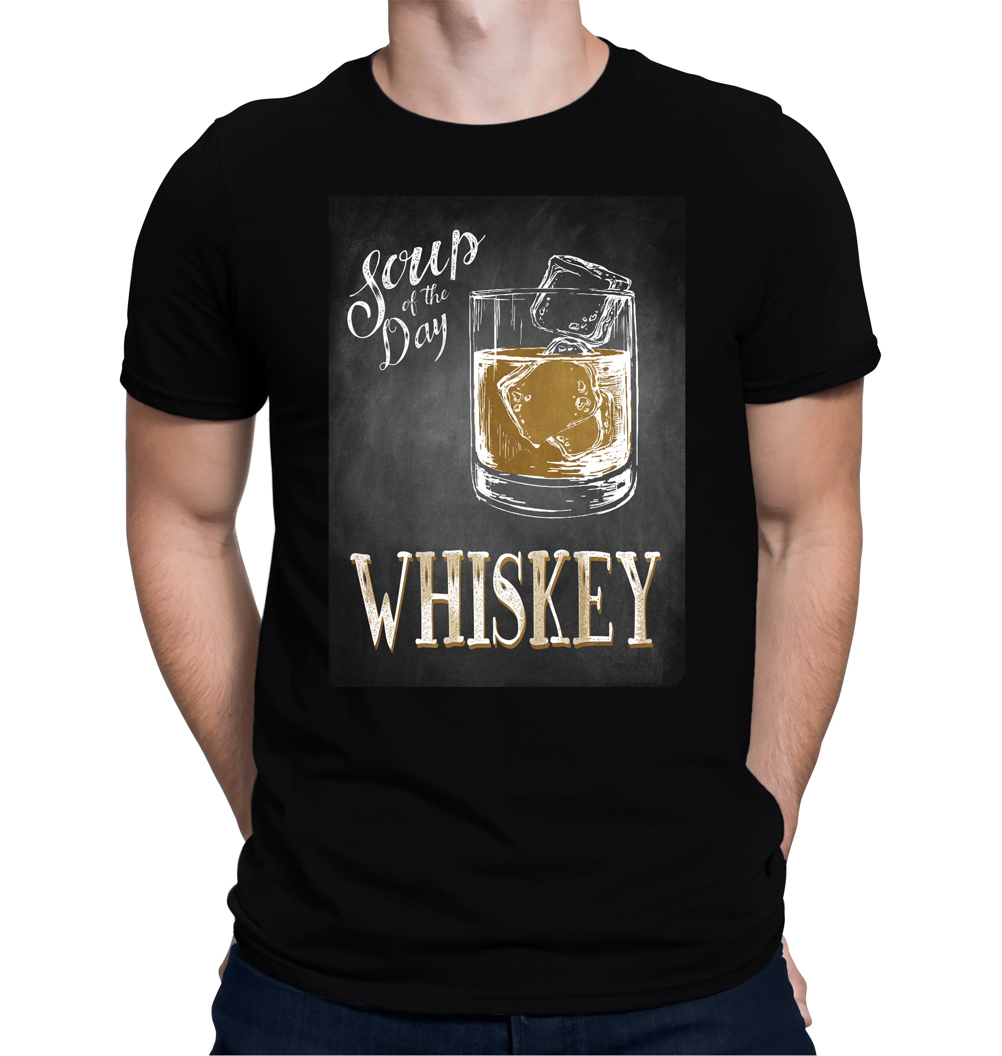 Black t-shirt with chalk-style whiskey glass and ice cubes