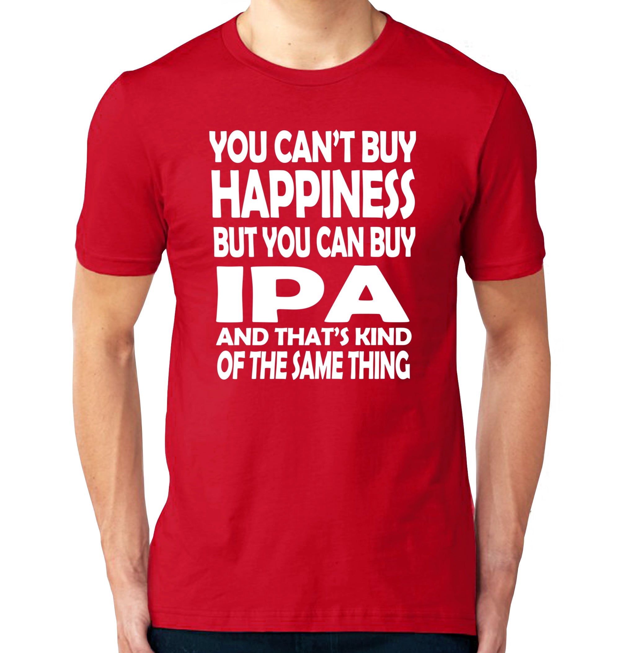 Red unisex t-shirt with playful beer happiness mantra in bold typography