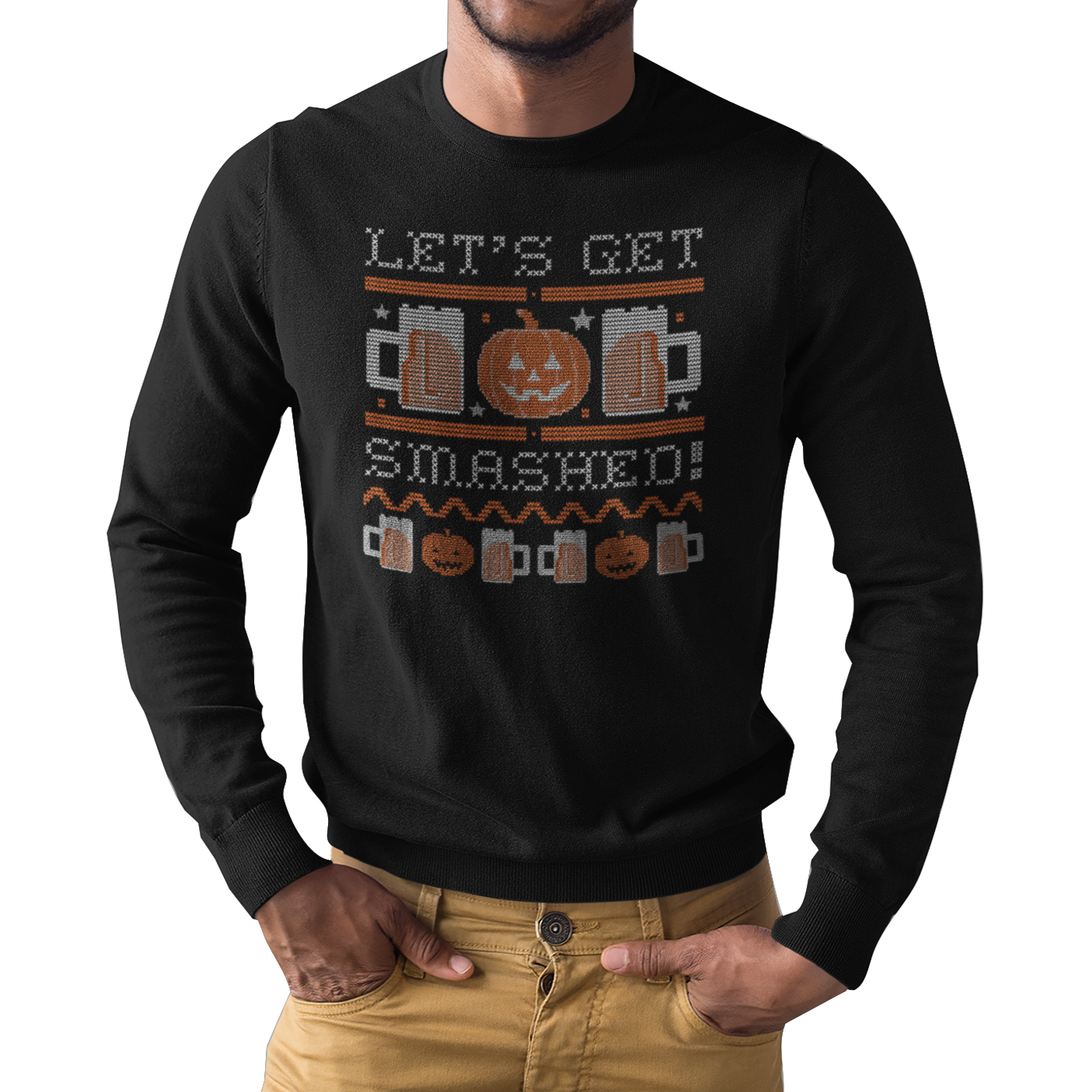 Long-sleeve t-shirt with ugly Halloween sweater beer print