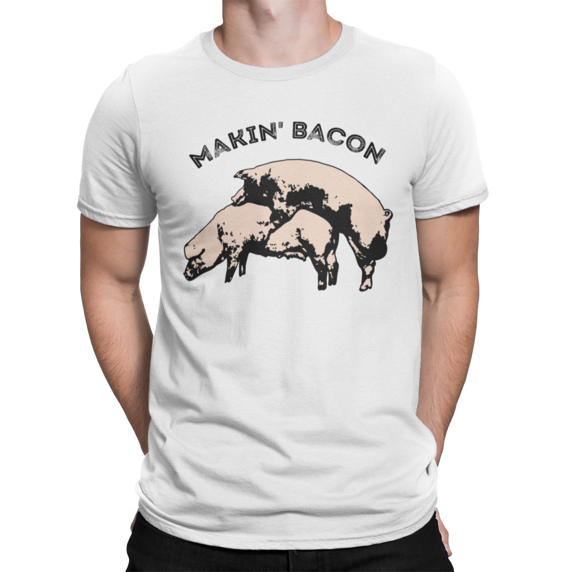 Black t-shirt with pink block pigs in risqué mating pose