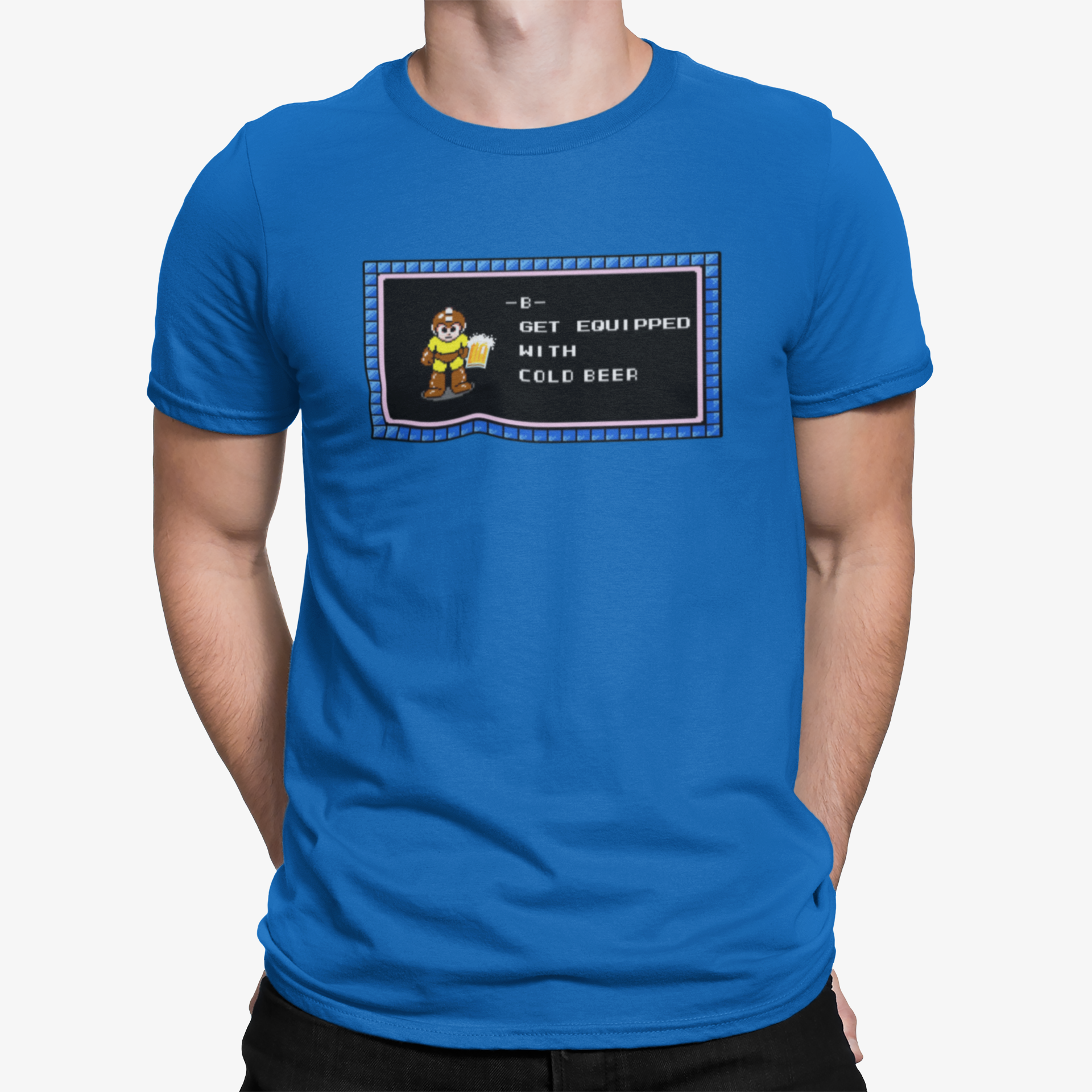 Retro video game beer t-shirt with Get Equipped With Cold Beer design