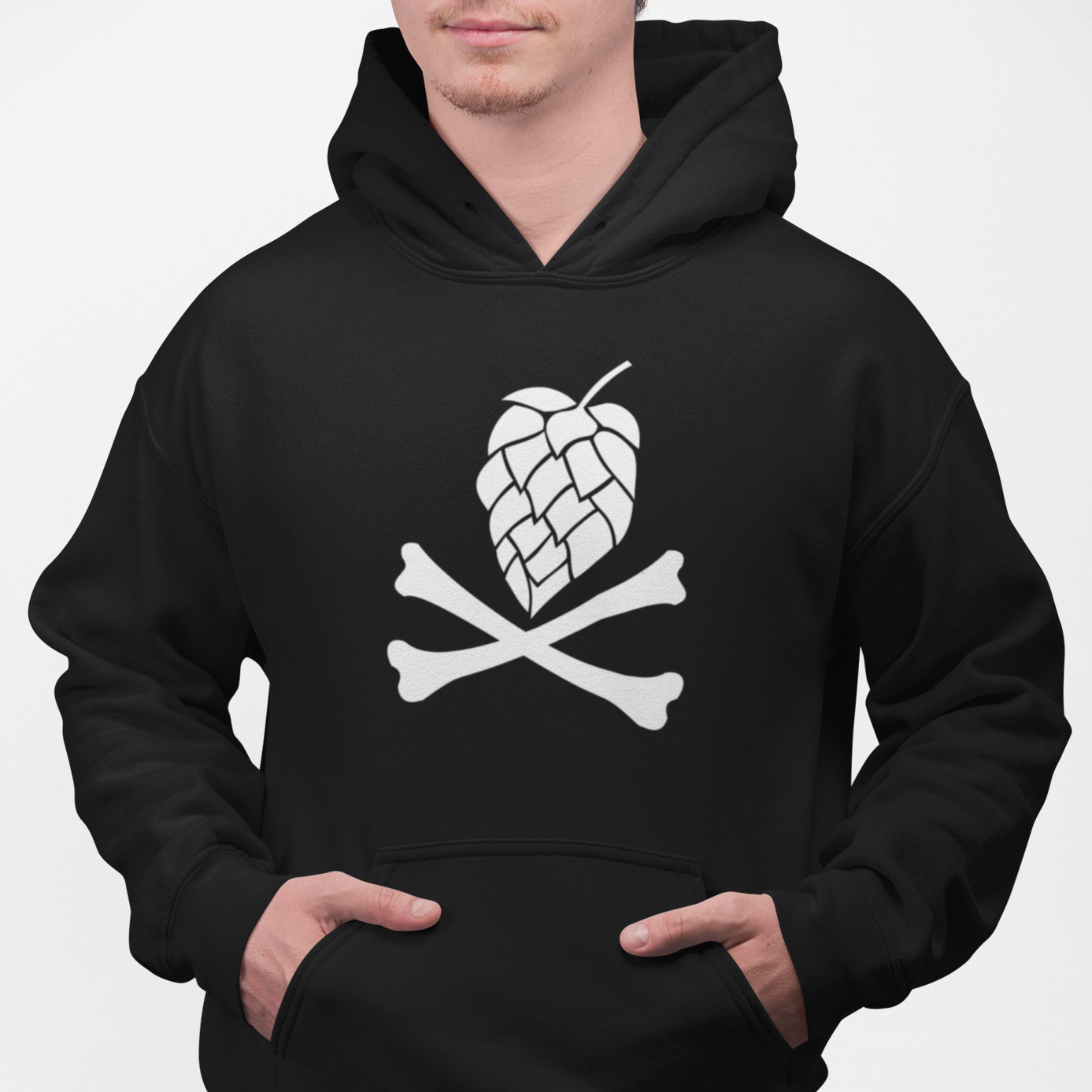 Charcoal black pullover hoodie with white hop cone skull and crossed bones graphic