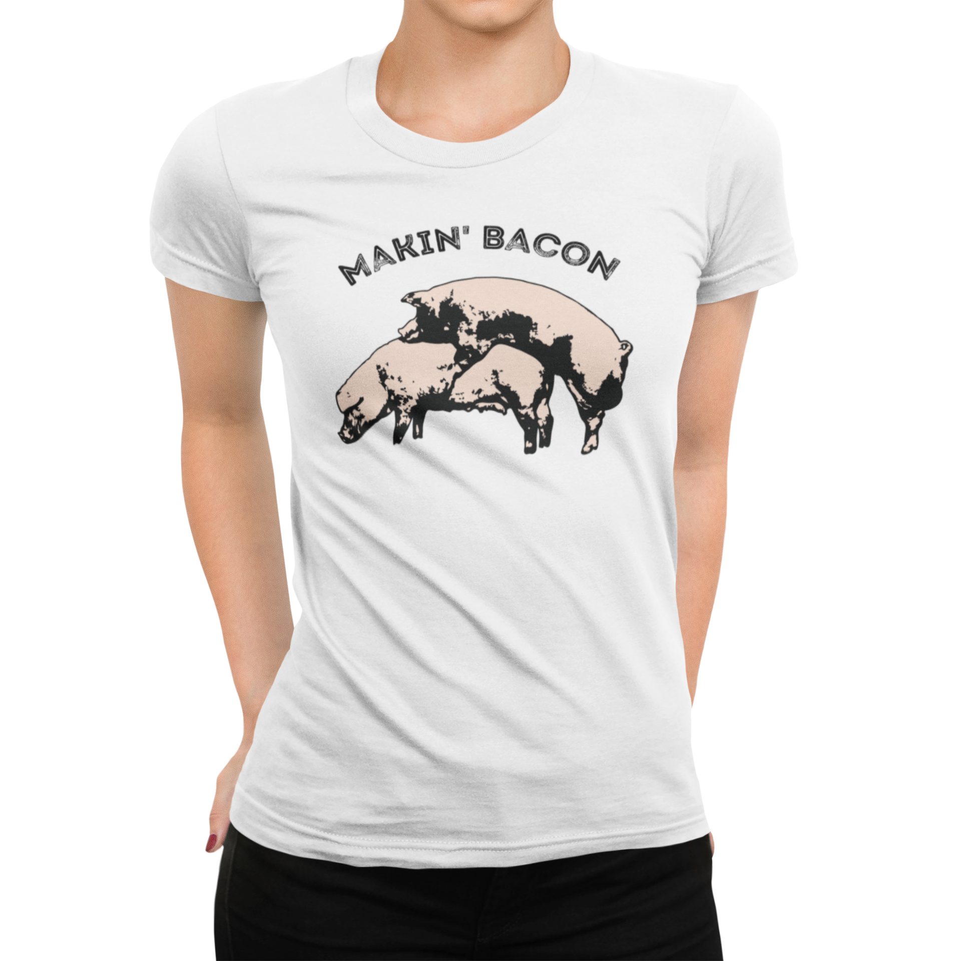 Adult-humor BBQ shirt with two pigs and MAKIN’ BACON arch