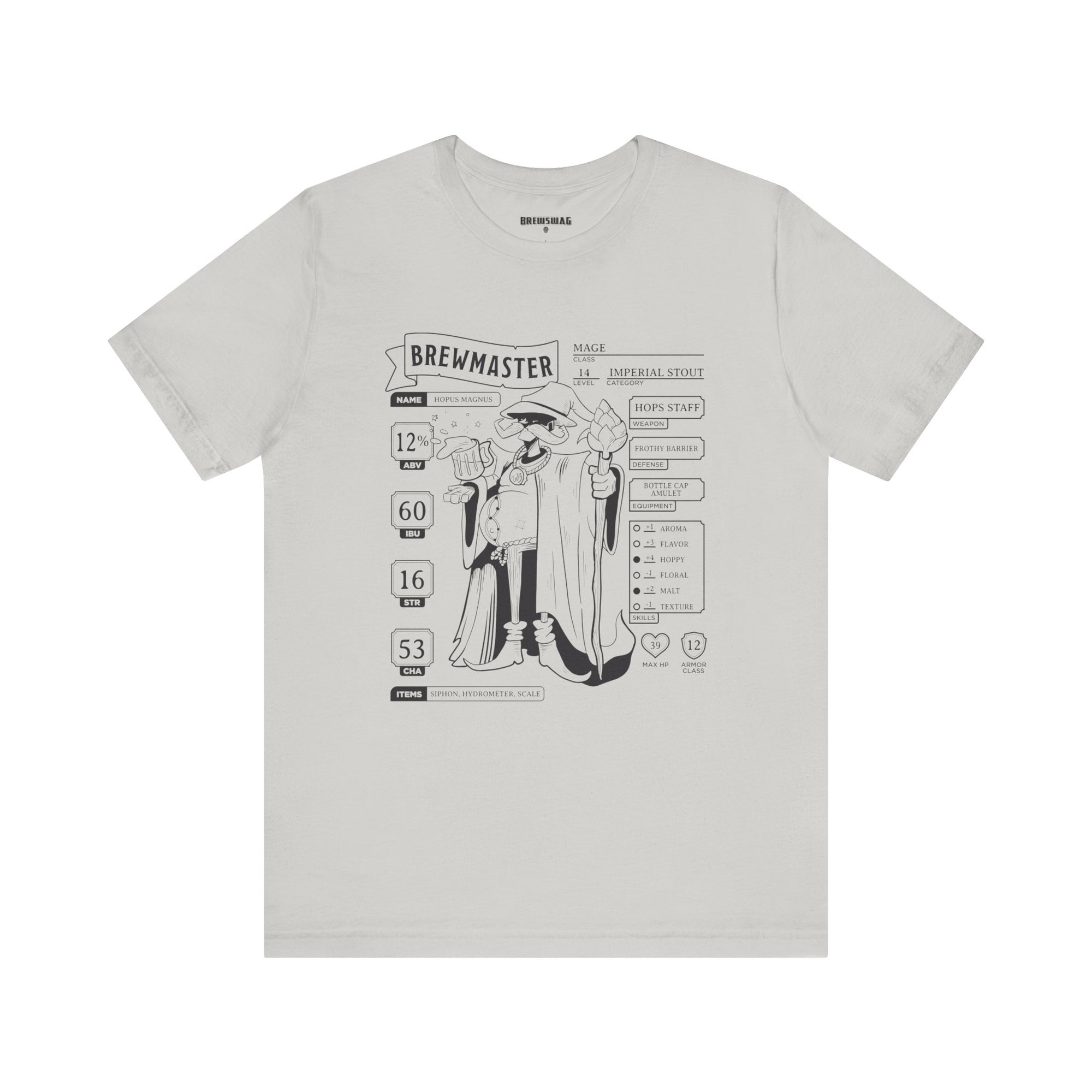 Ring-spun cotton tee displaying RPG character sheet layout for beer lovers