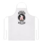 White BBQ apron with I Like My Butt Rubbed and My Pork Pulled text