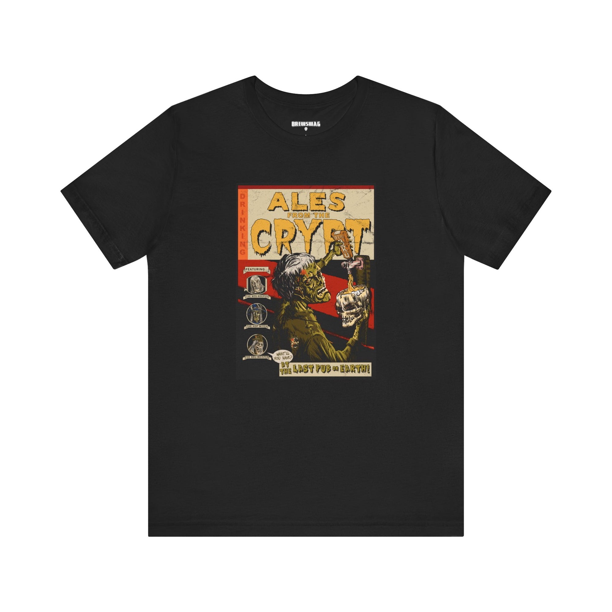Horror-inspired craft beer tee featuring Ales From The Crypt graphic.