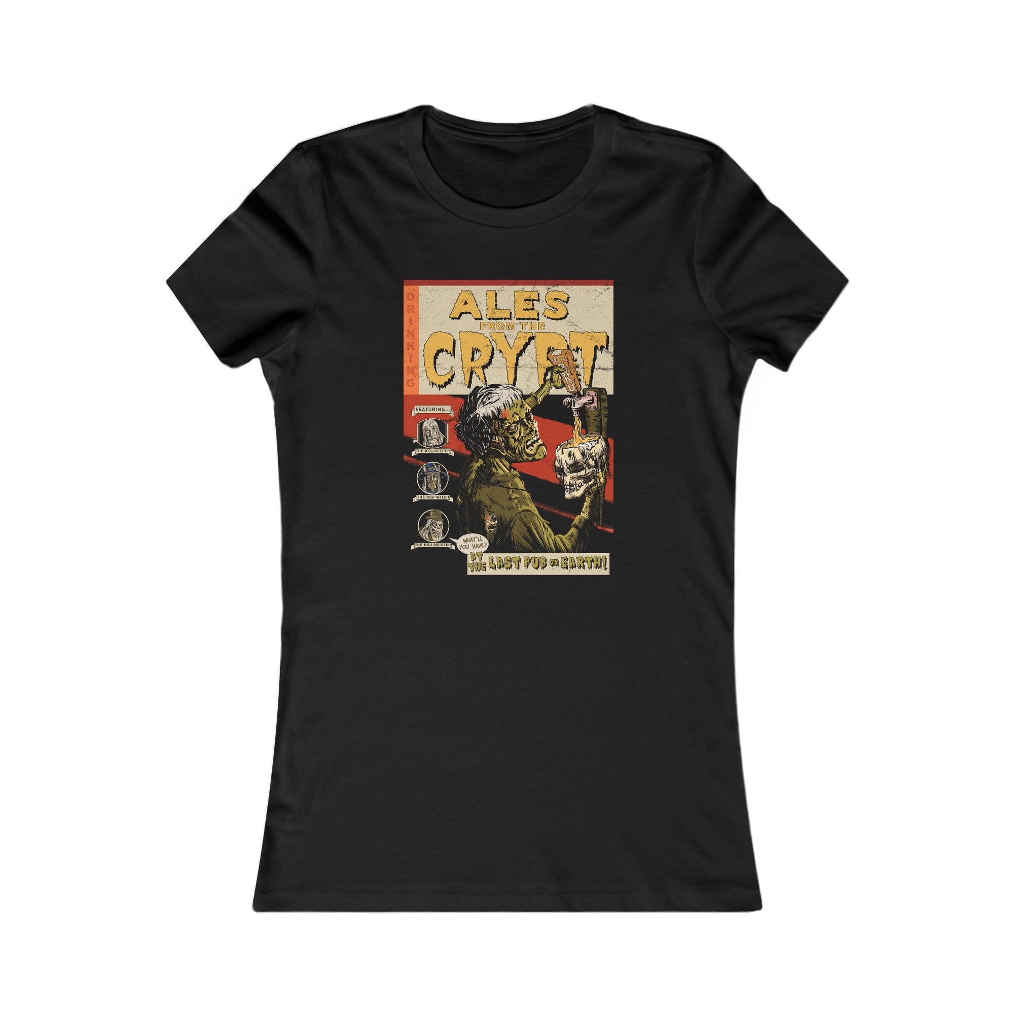 Horror-inspired graphic on women’s craft beer tee.