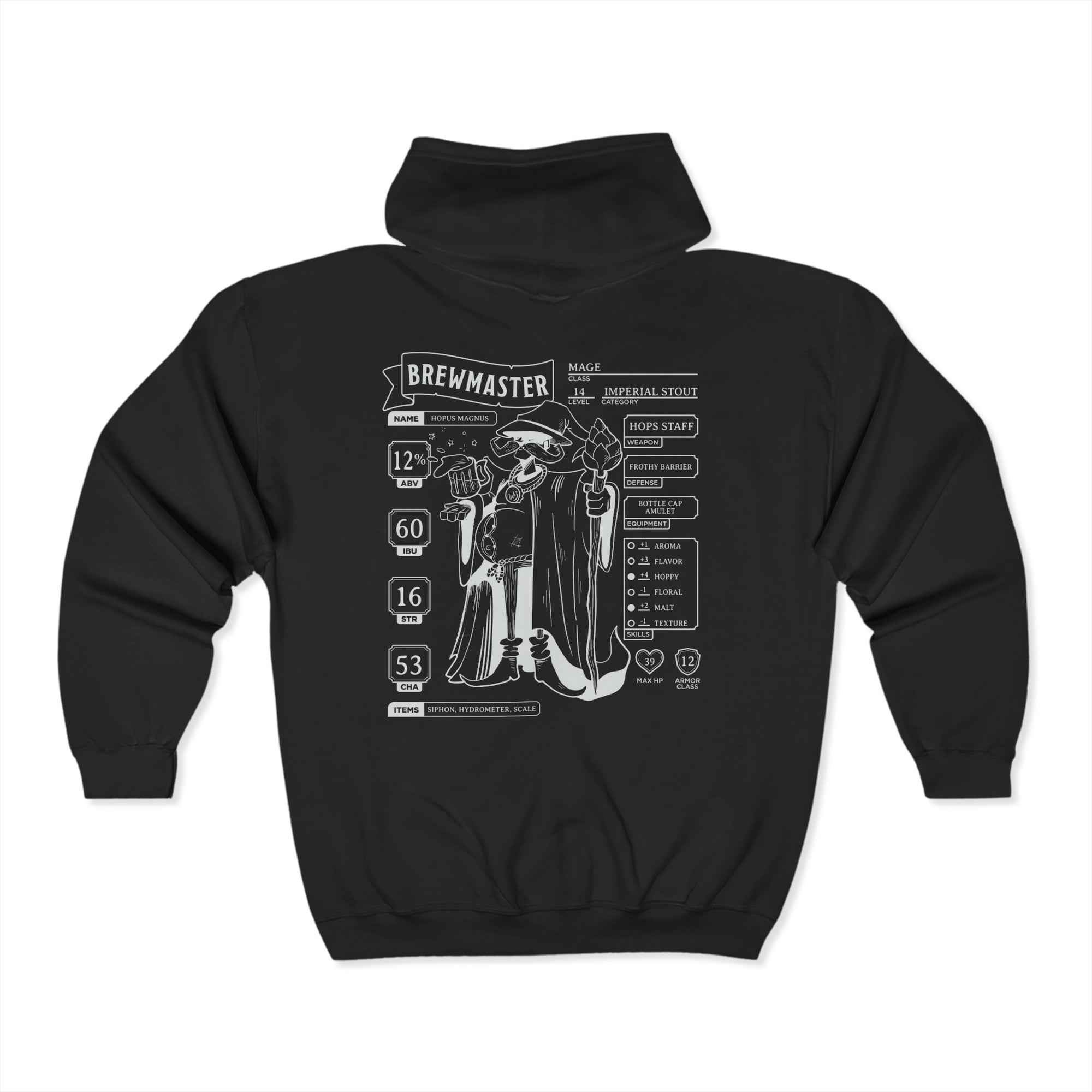 Back of hoodie displaying a full homebrewing character sheet design