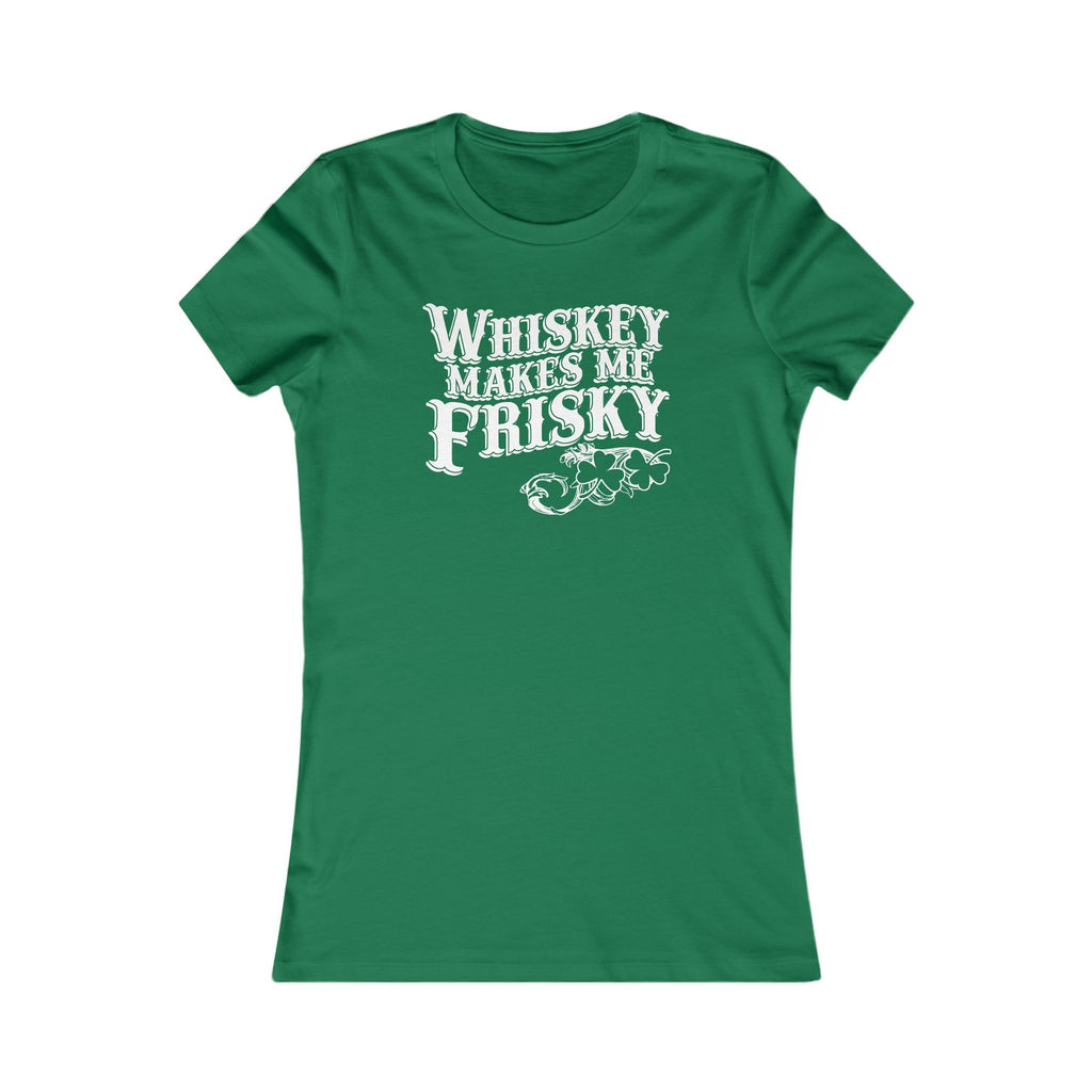 Kelly green women’s shirt featuring whiskey frisky slogan and shamrock clusters
