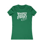 Kelly green women’s shirt featuring whiskey frisky slogan and shamrock clusters