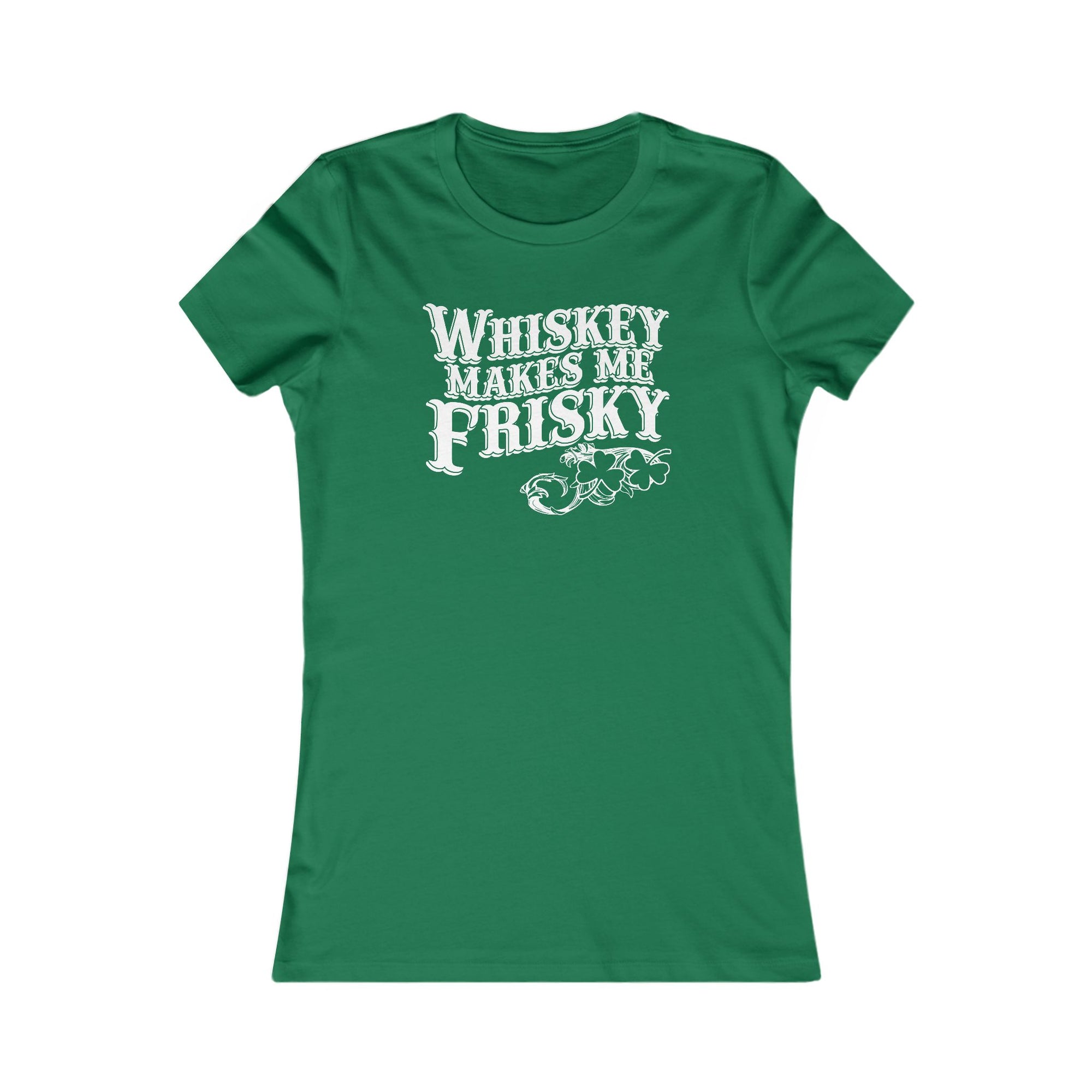 Kelly green women’s shirt featuring whiskey frisky slogan and shamrock clusters