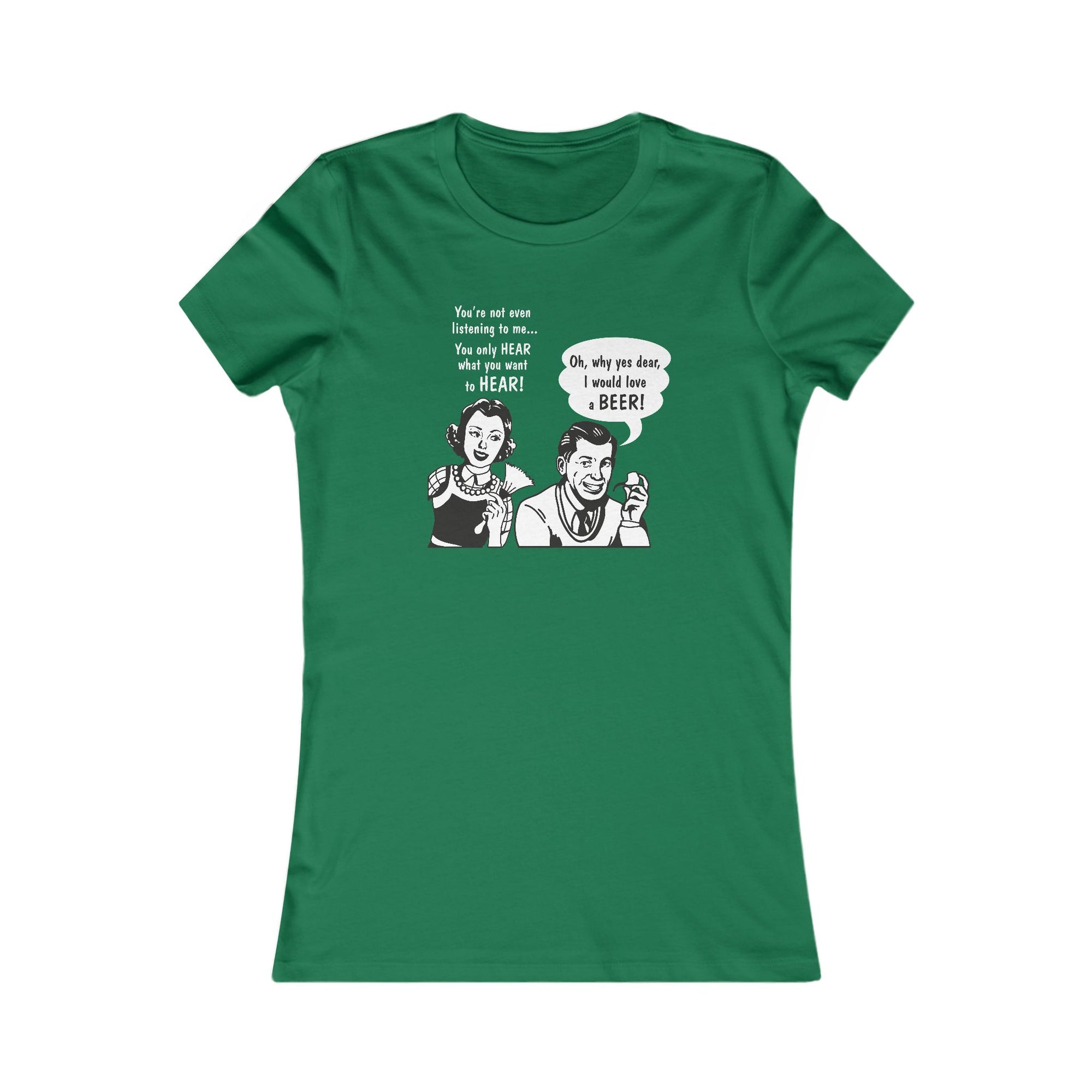 Close-up of retro comic art on the "Yes Dear, I Would Love A Beer" Women’s T-Shirt.