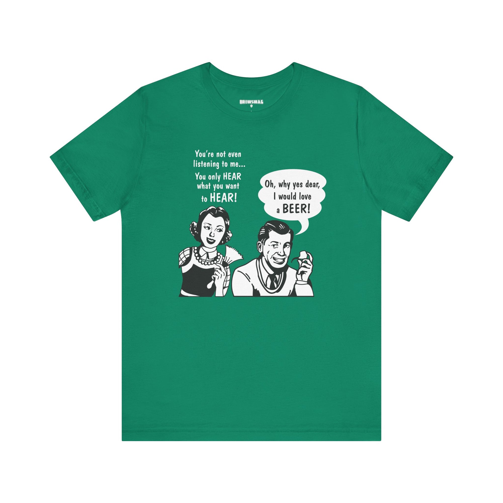 Close-up of the retro comic-inspired design on the "Yes Dear, I Would Love A Beer" T-Shirt.