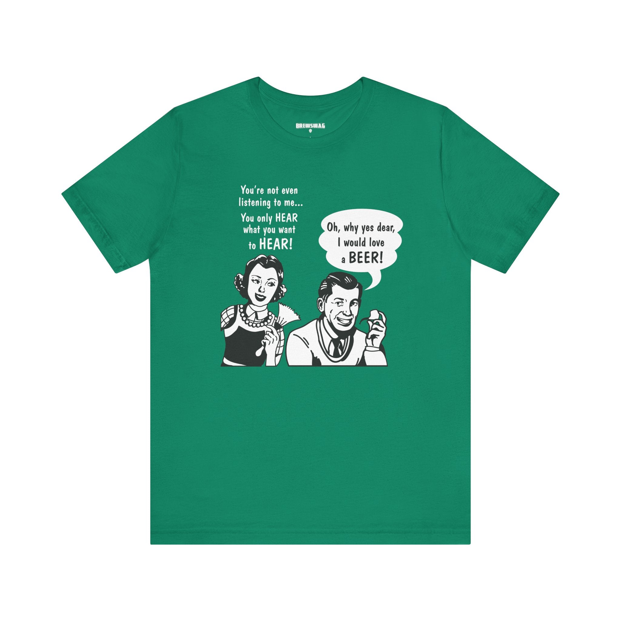 Close-up of the retro comic-inspired design on the "Yes Dear, I Would Love A Beer" T-Shirt.