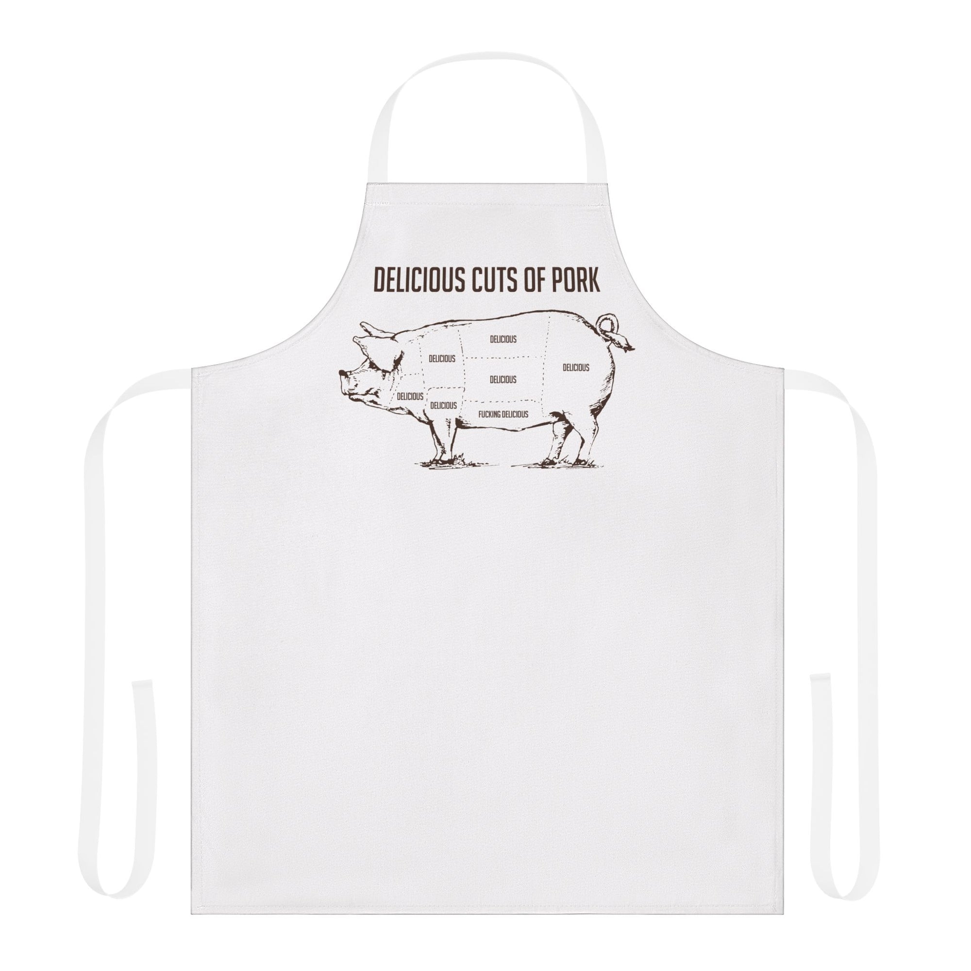 unny grilling apron with pork cuts labeled Delicious and F*ing Delicious