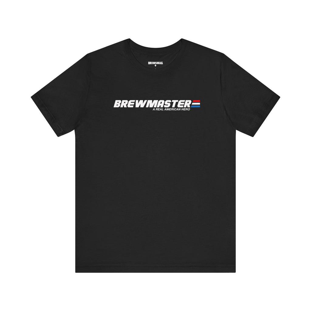 Close-up of Brewmaster text with red, white, and blue stripe on cotton tee