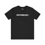Close-up of Brewmaster text with red, white, and blue stripe on cotton tee