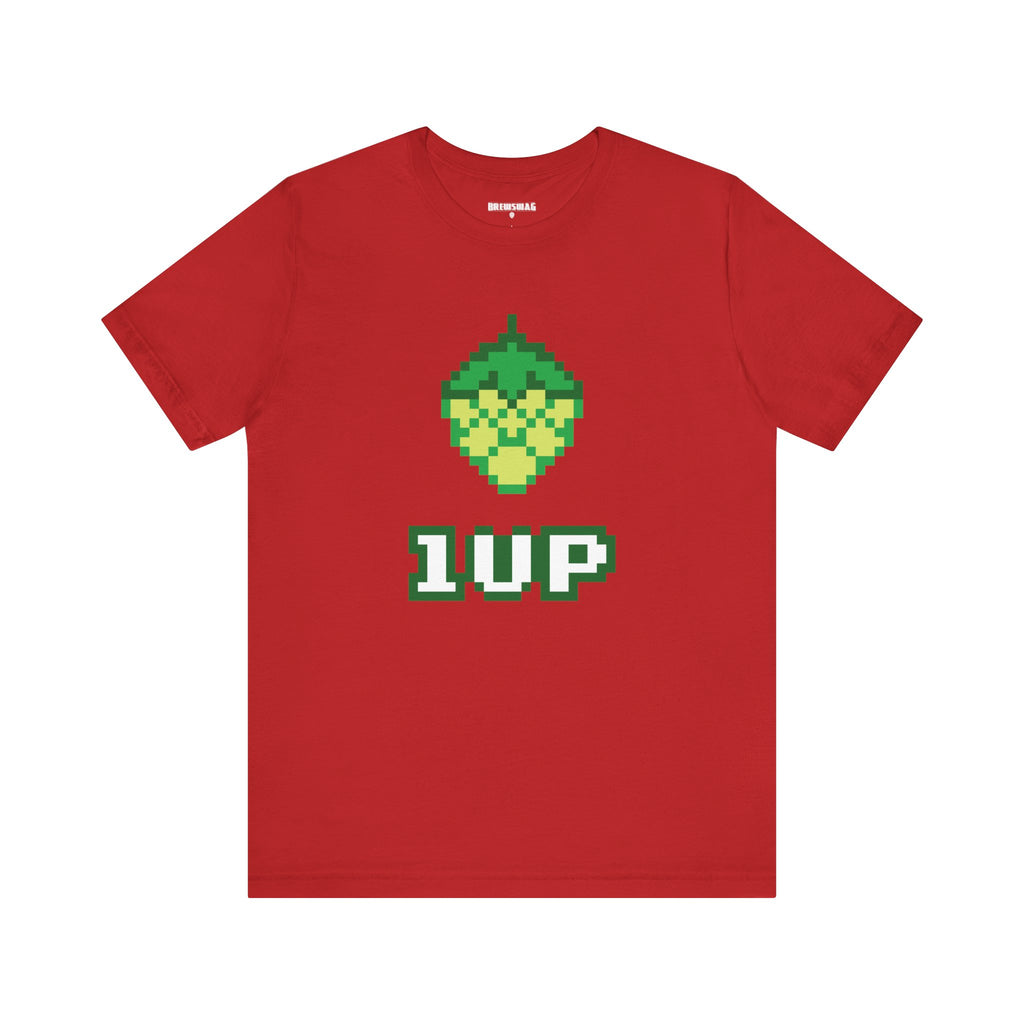 Close-up of the 8-bit hop cone design on the 1UP t-shirt.