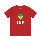Close-up of the 8-bit hop cone design on the 1UP t-shirt.