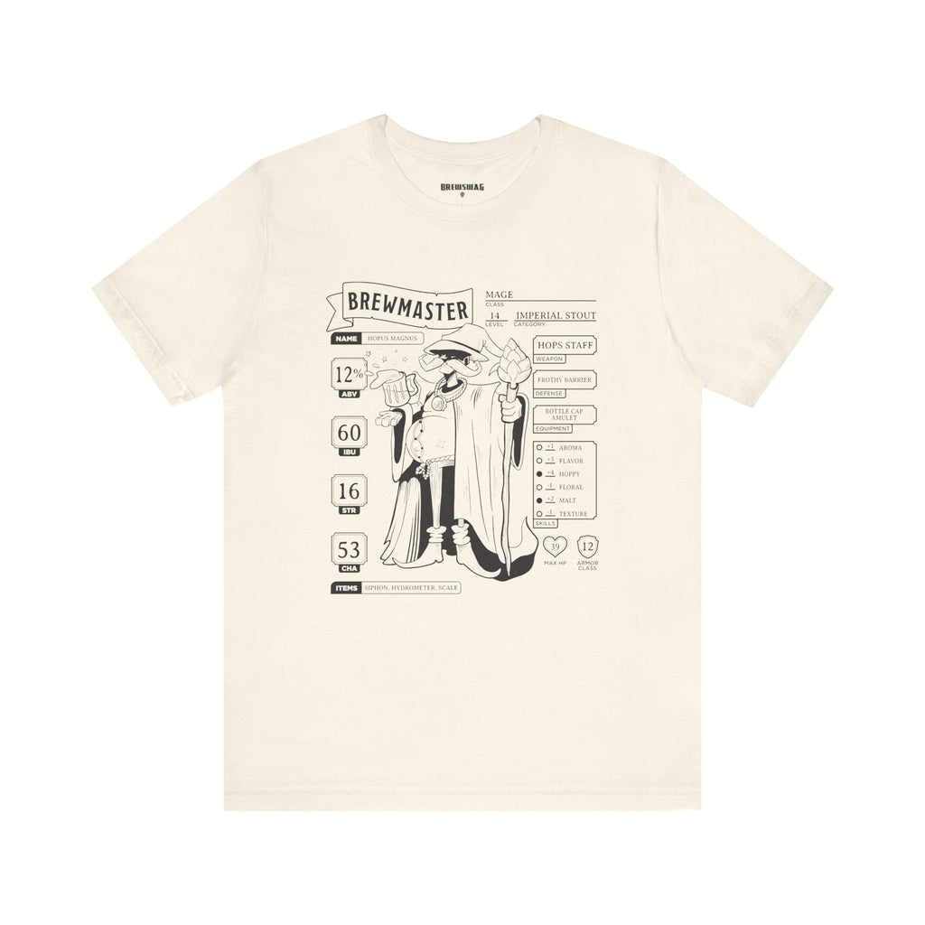 Tan T-shirt featuring a detailed Brewmaster character sheet design