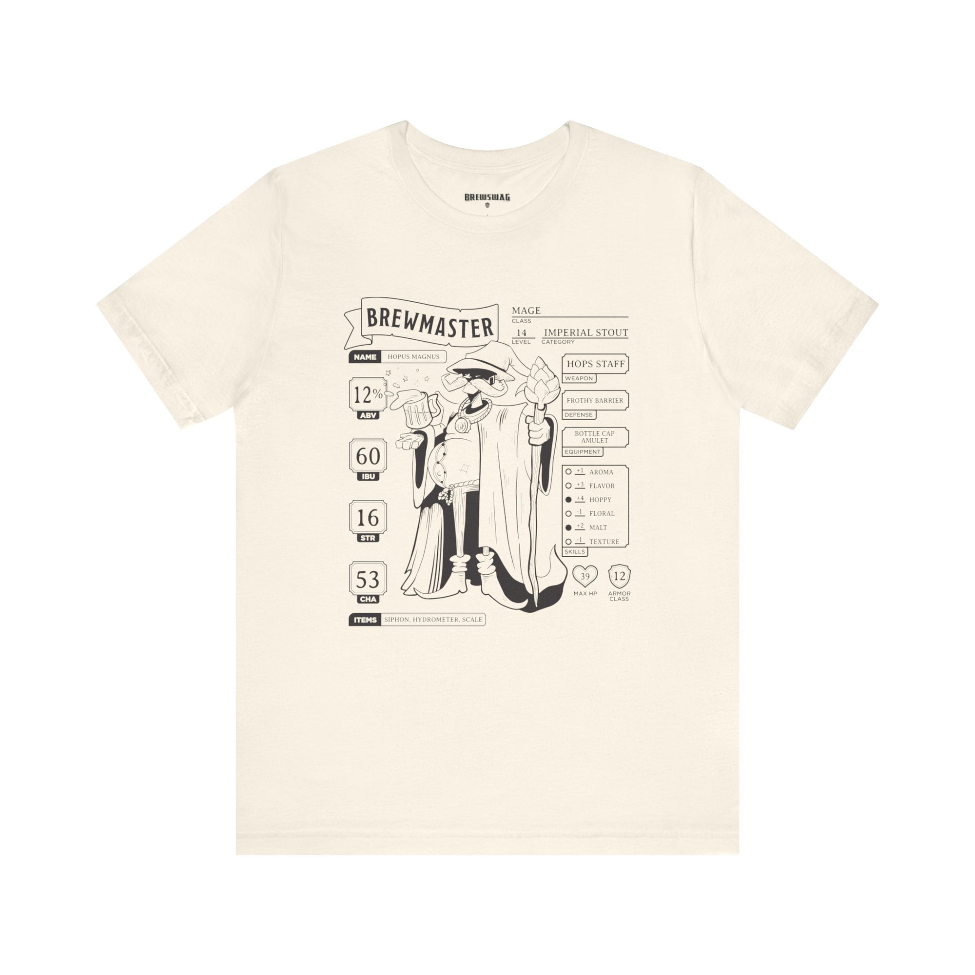 Tan T-shirt featuring a detailed Brewmaster character sheet design