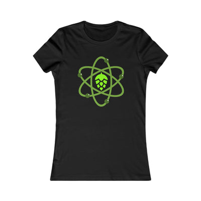 Close-up of beer brewing-inspired atomic graphic on a fitted black tee