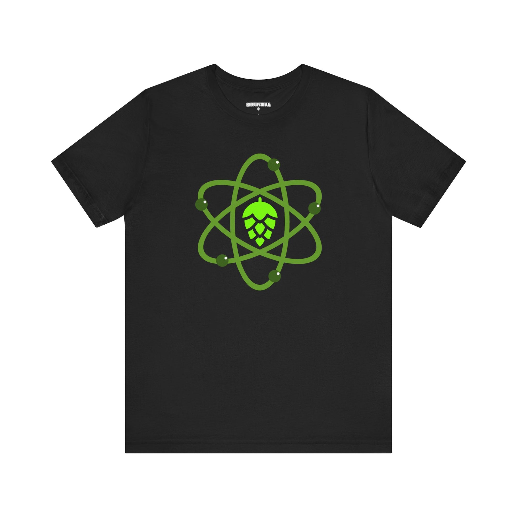 Close-up of homebrewing-inspired atom graphic featuring a hop nucleus