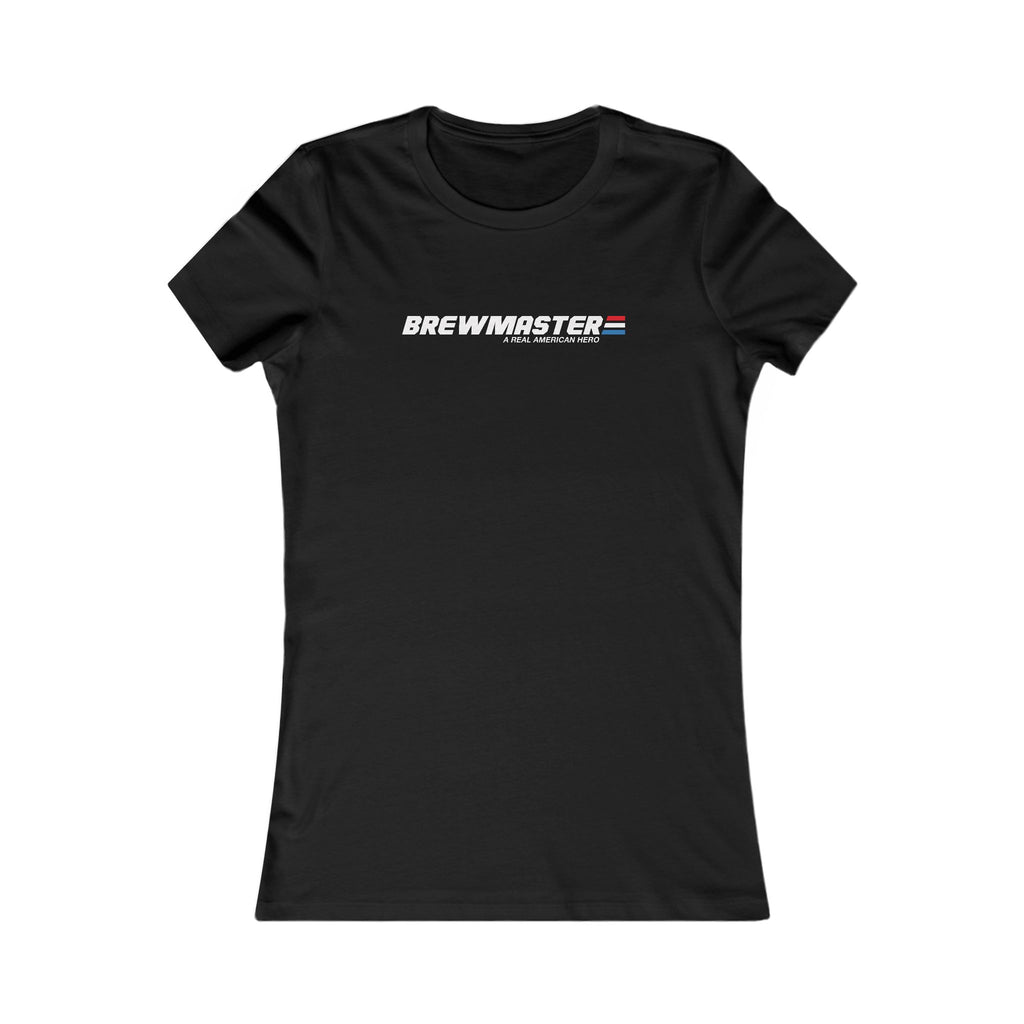 Close-up of Brewmaster logo with red, white, and blue stripe on a fitted tee
