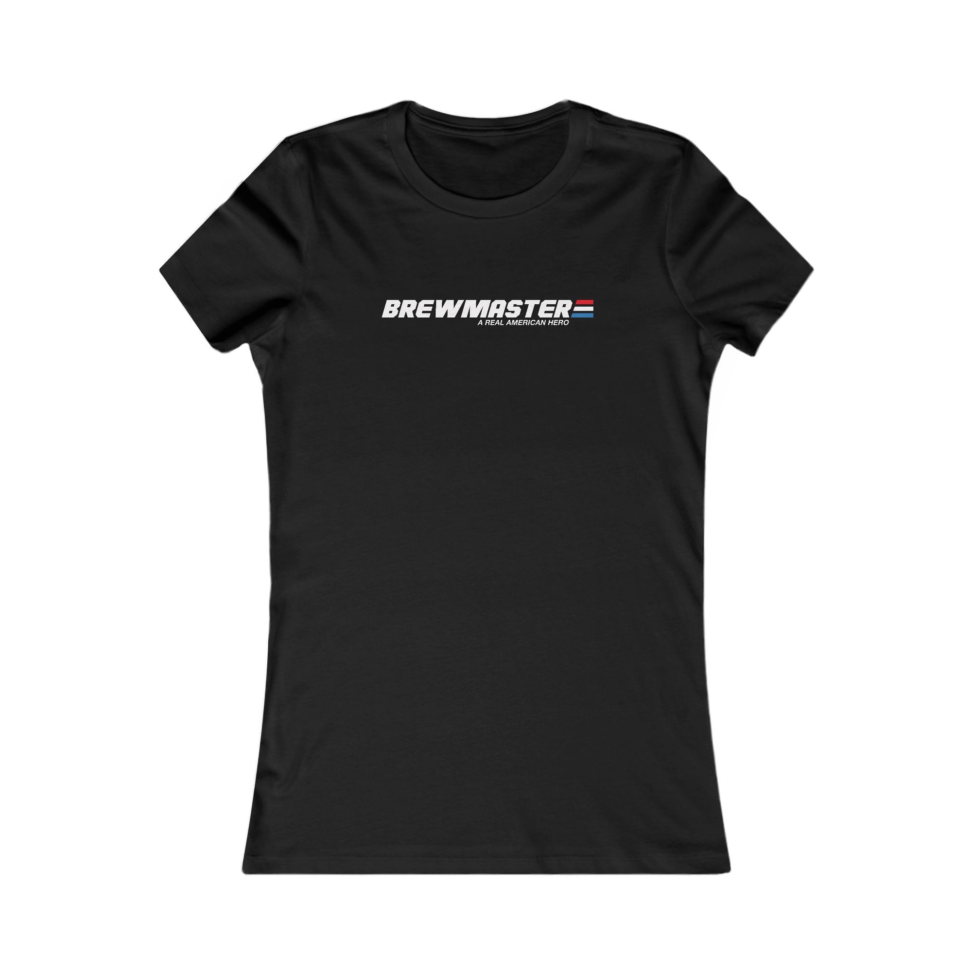 Close-up of Brewmaster logo with red, white, and blue stripe on a fitted tee