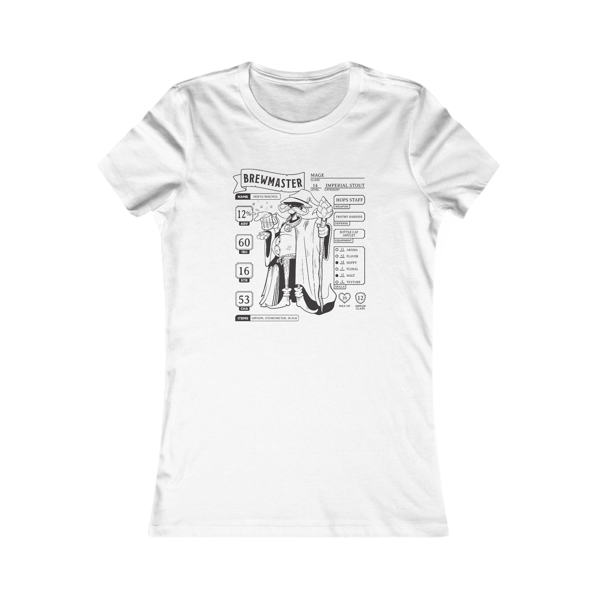 Women’s Brewmaster Character Sheet T-shirt in white with RPG-inspired stats design