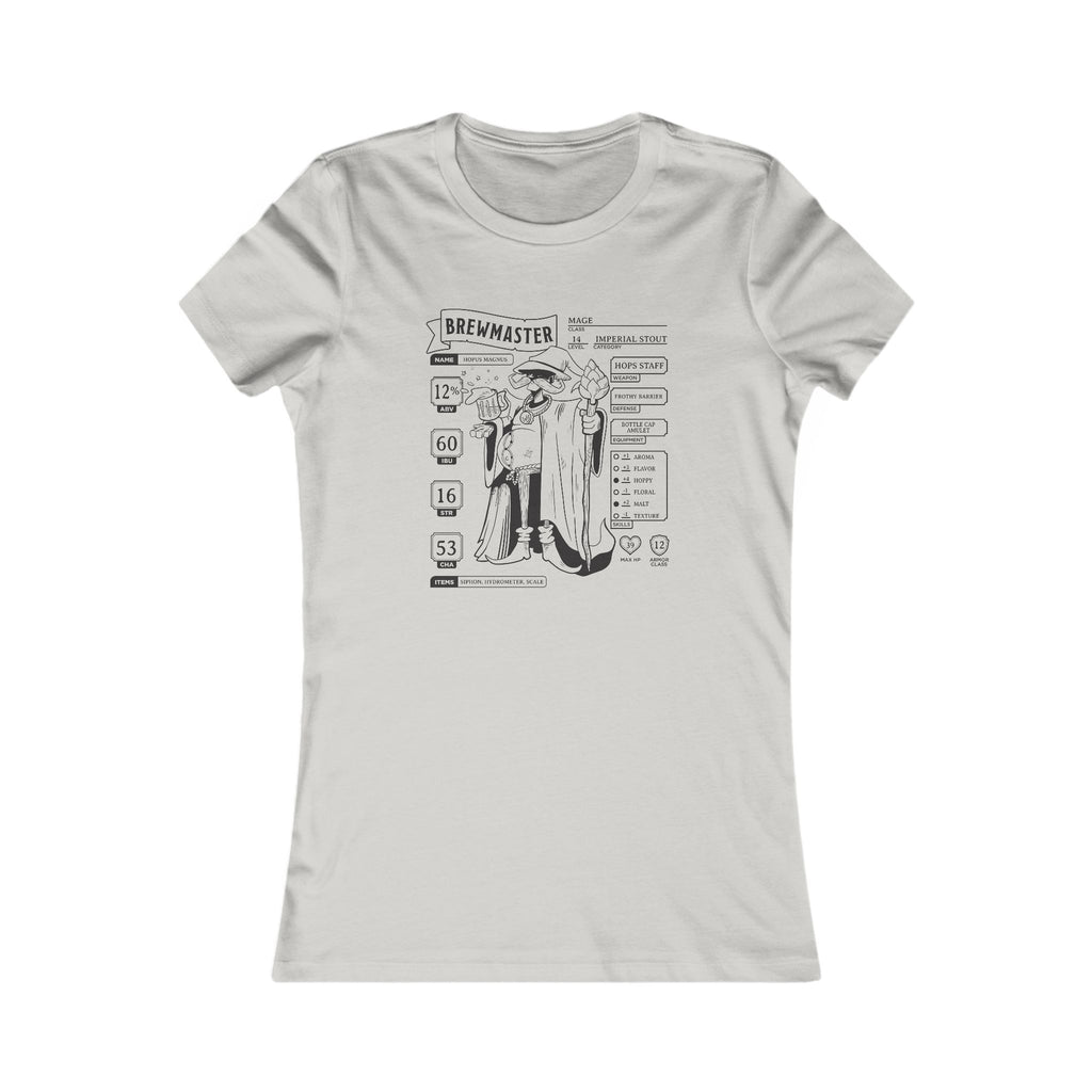 Grey women’s T-shirt featuring an RPG character sheet theme for beer lovers