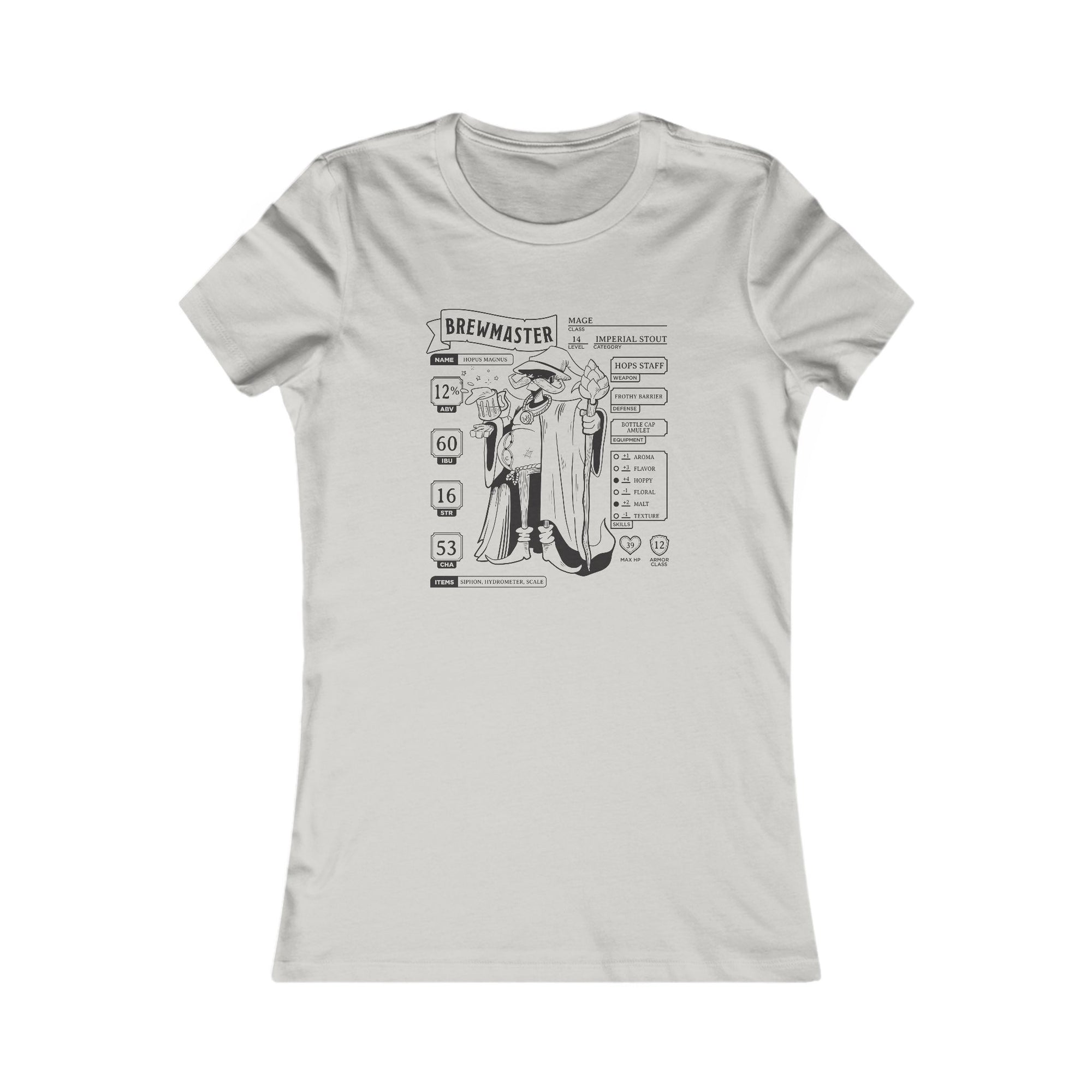 Grey women’s T-shirt featuring an RPG character sheet theme for beer lovers