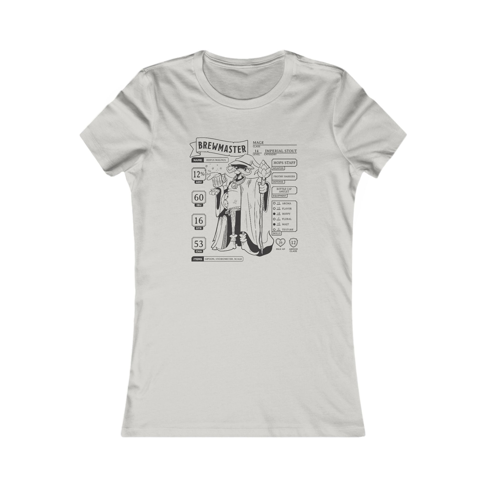 Grey women’s T-shirt featuring an RPG character sheet theme for beer lovers