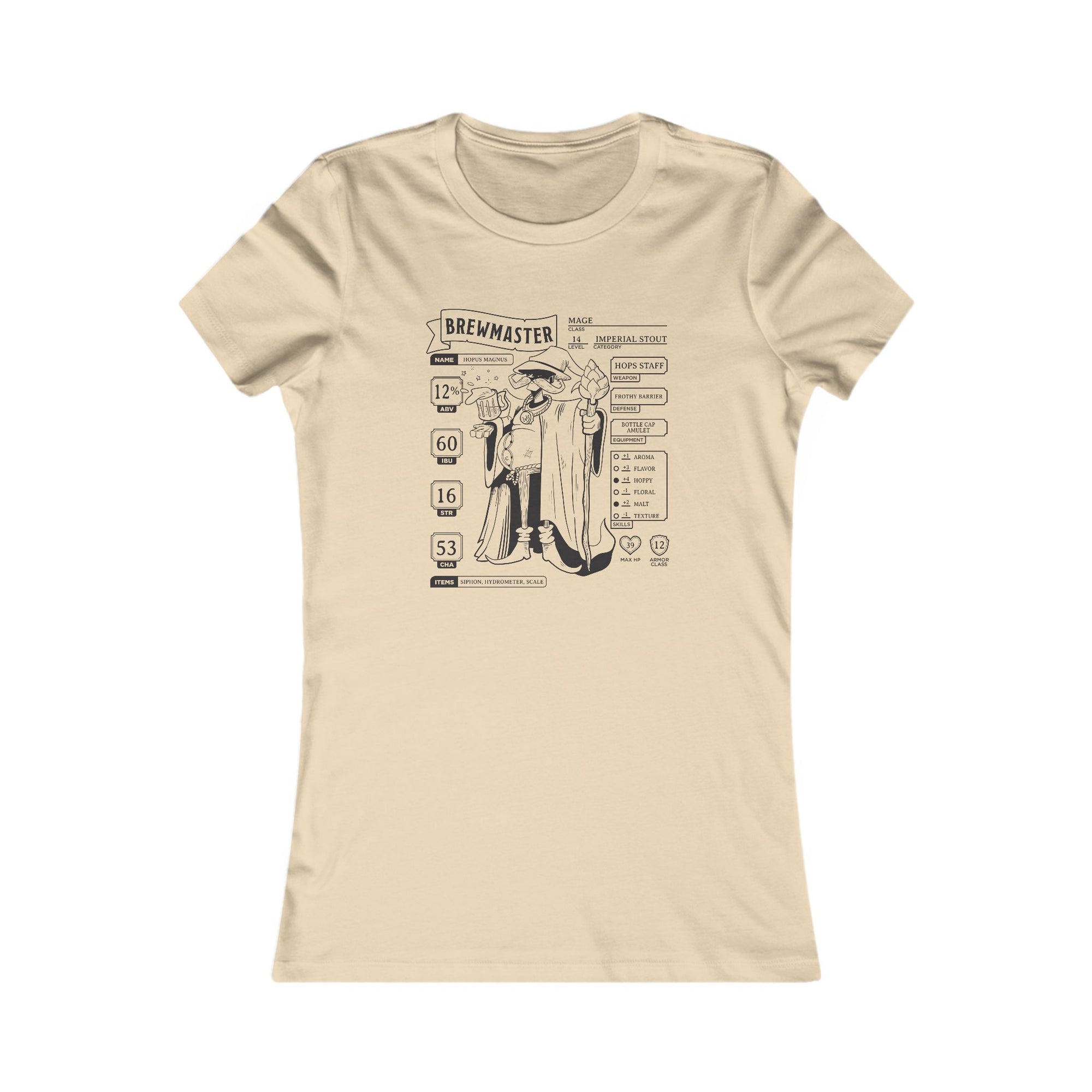 Close-up of character sheet layout for homebrewers on a beige women’s T-shirt