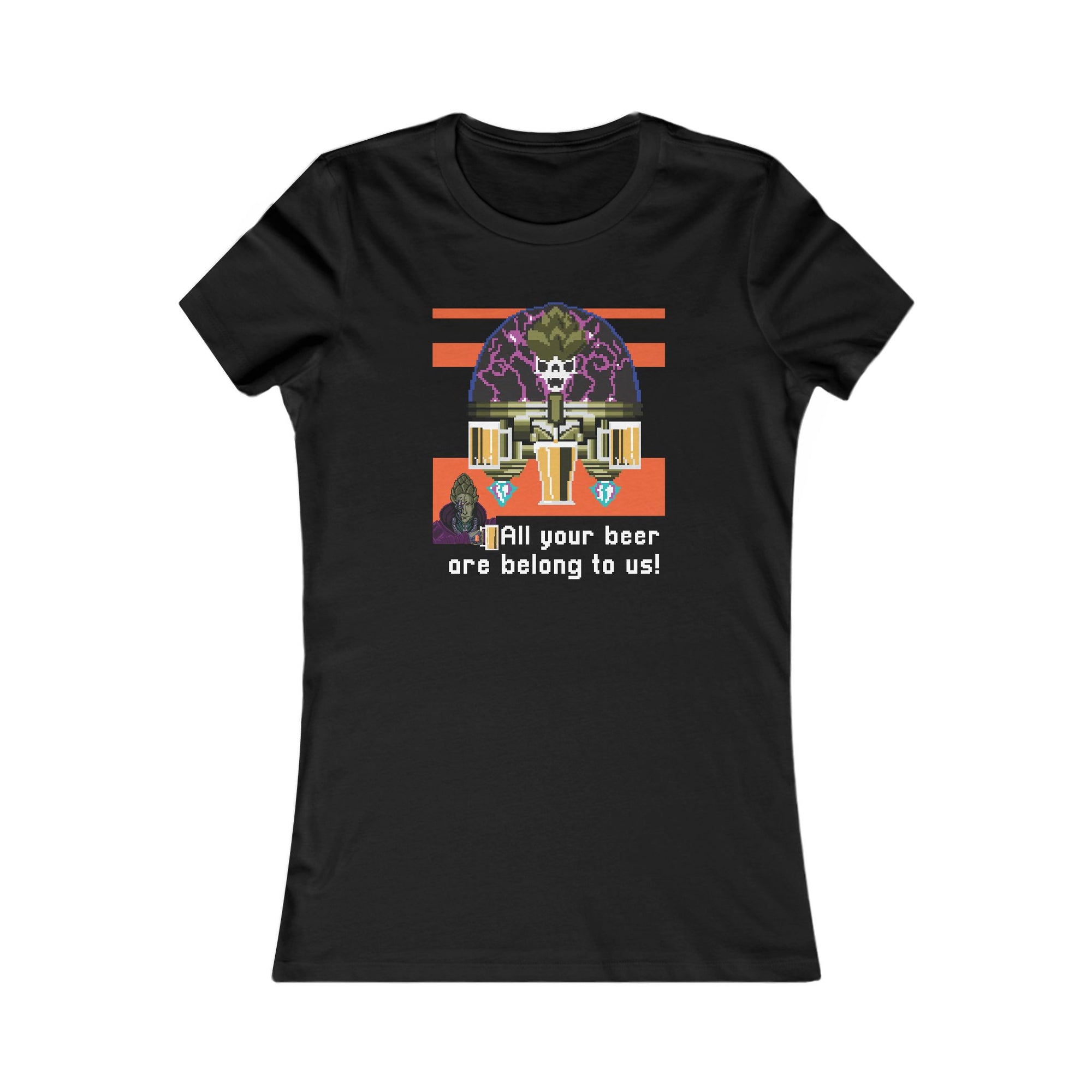Close-up of retro 8-bit design on the Ladies' "All Your Beer Are Belong To Us" T-Shirt.