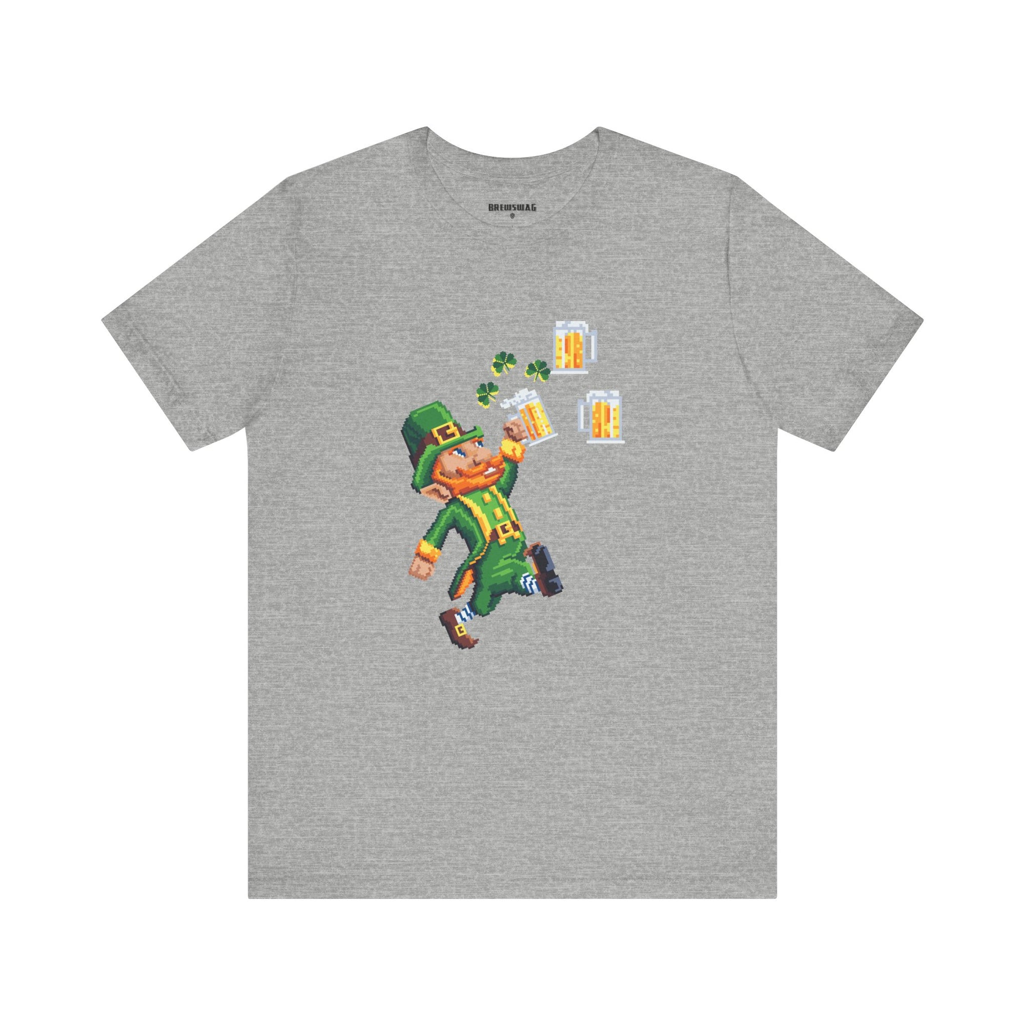 Close-up of the pixelated leprechaun design on the St. Patrick’s Day t-shirt."