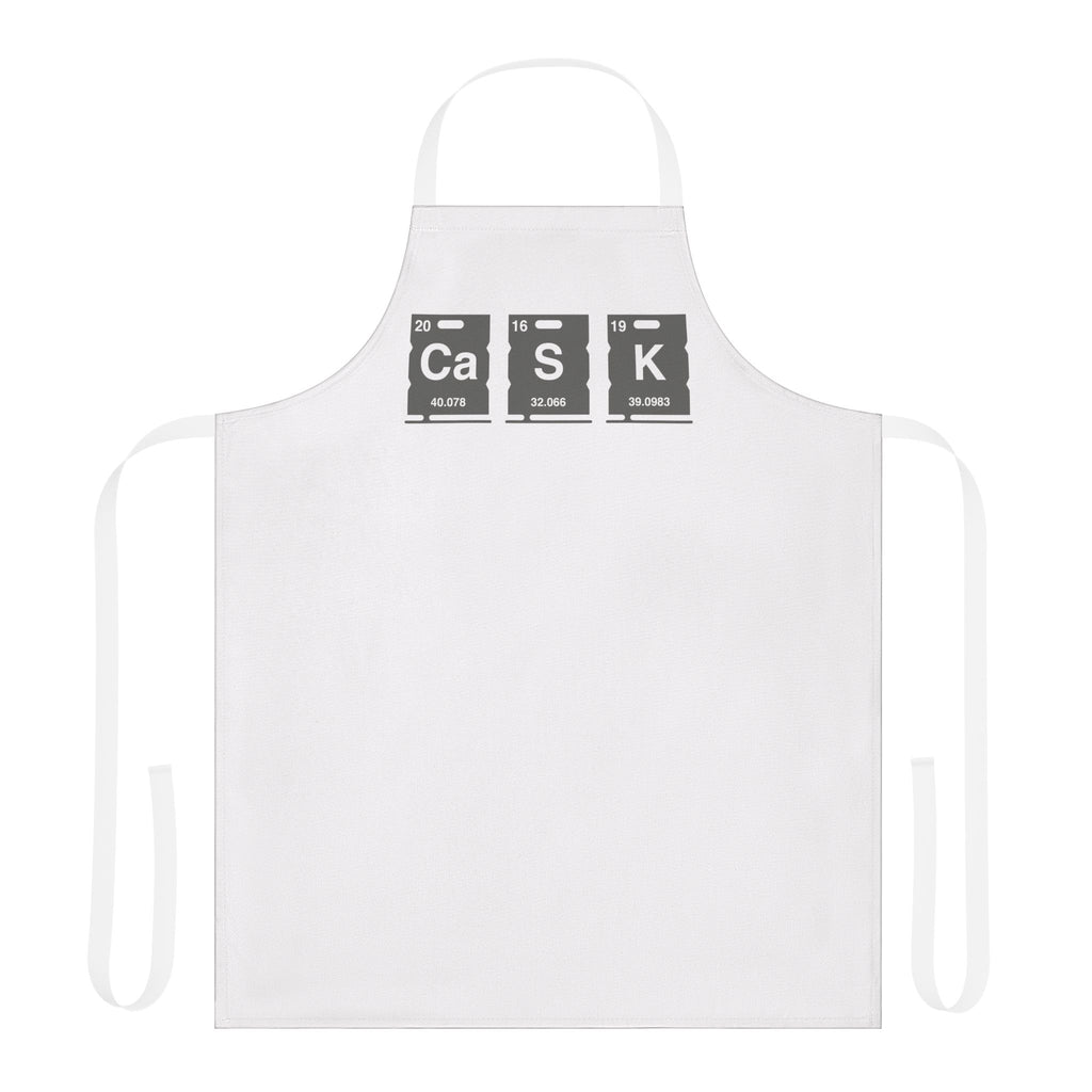 White apron with Cask Periodic Table design using Ca S K in keg shapes