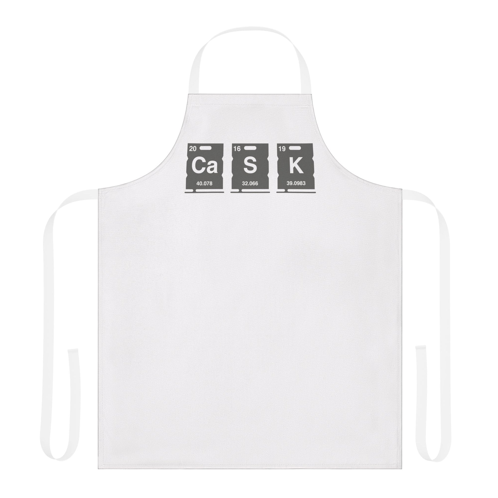 White apron with Cask Periodic Table design using Ca S K in keg shapes