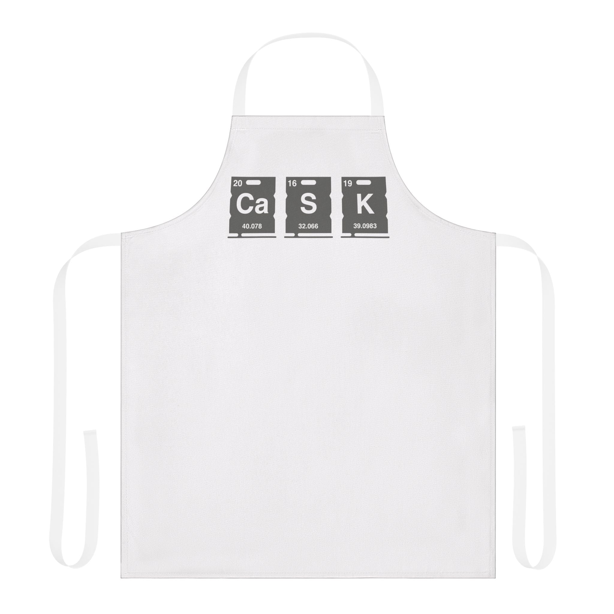 White apron with Cask Periodic Table design using Ca S K in keg shapes