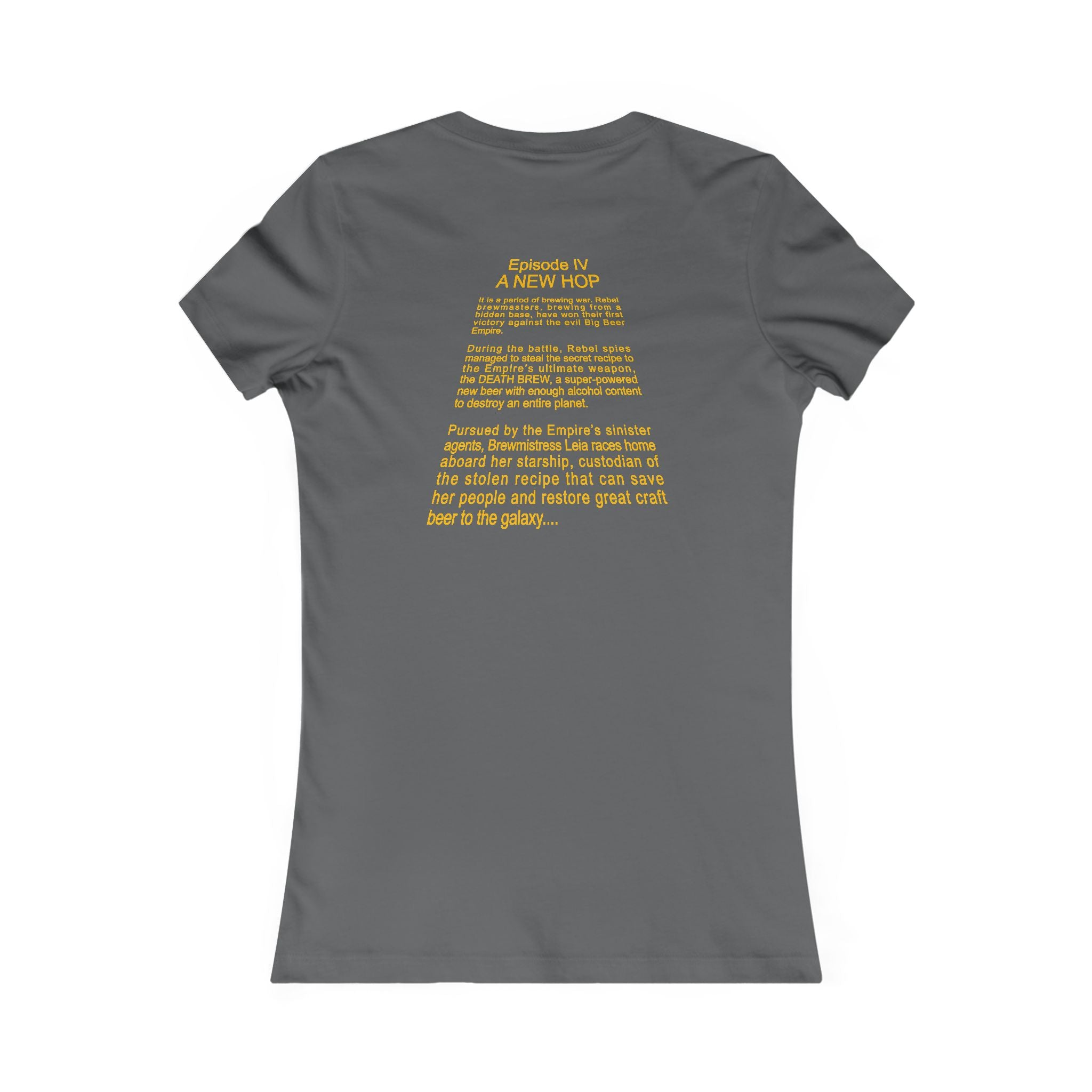 Back view of the Episode IV: A New Hop storyline on dark grey T-shirt