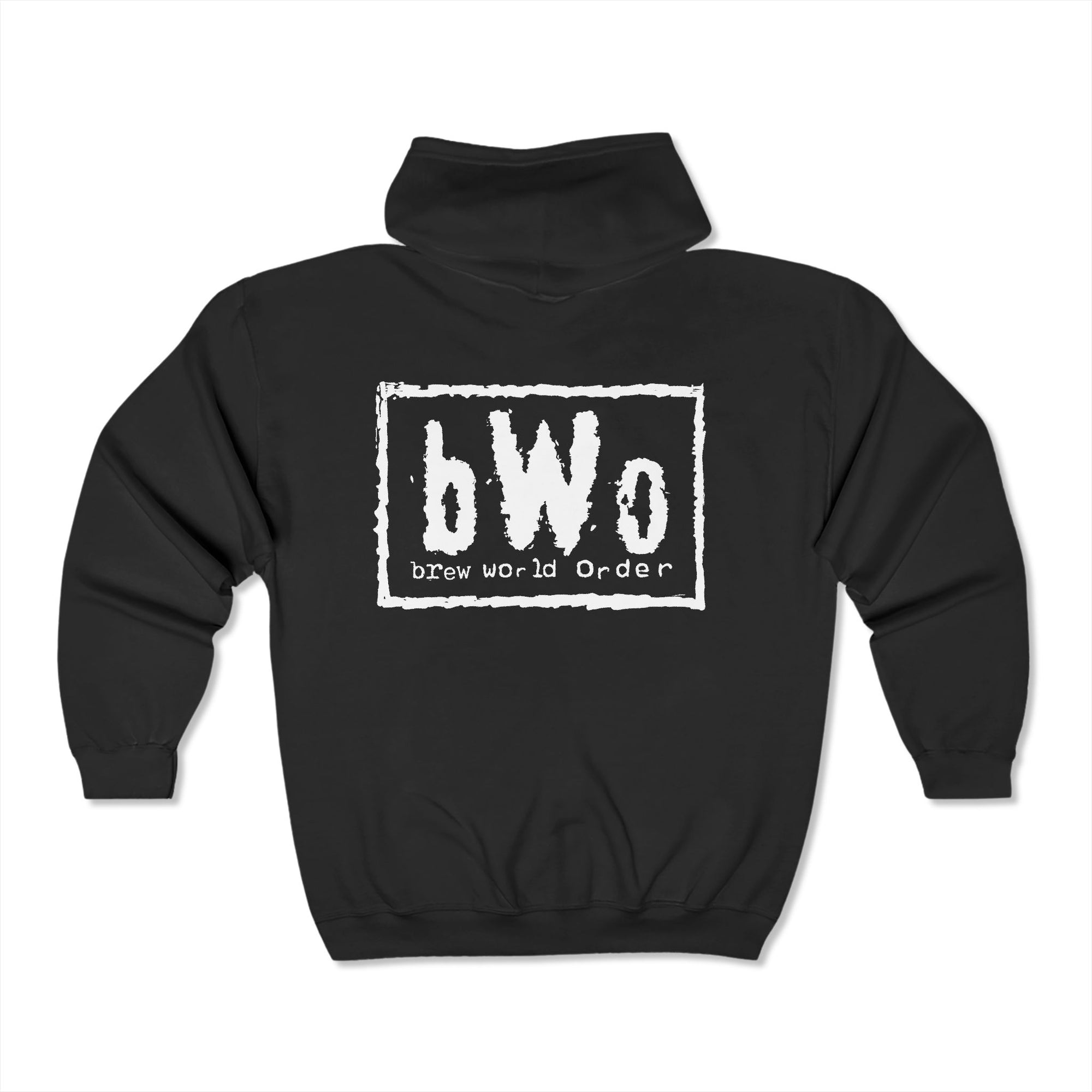 Back view of the bWO zip-up hoodie showing large bold white lettering