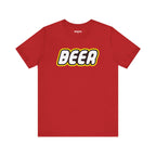 A laid-flat Beer Brick Building Blocks Men’s T-Shirt showcasing its bold and colorful design.